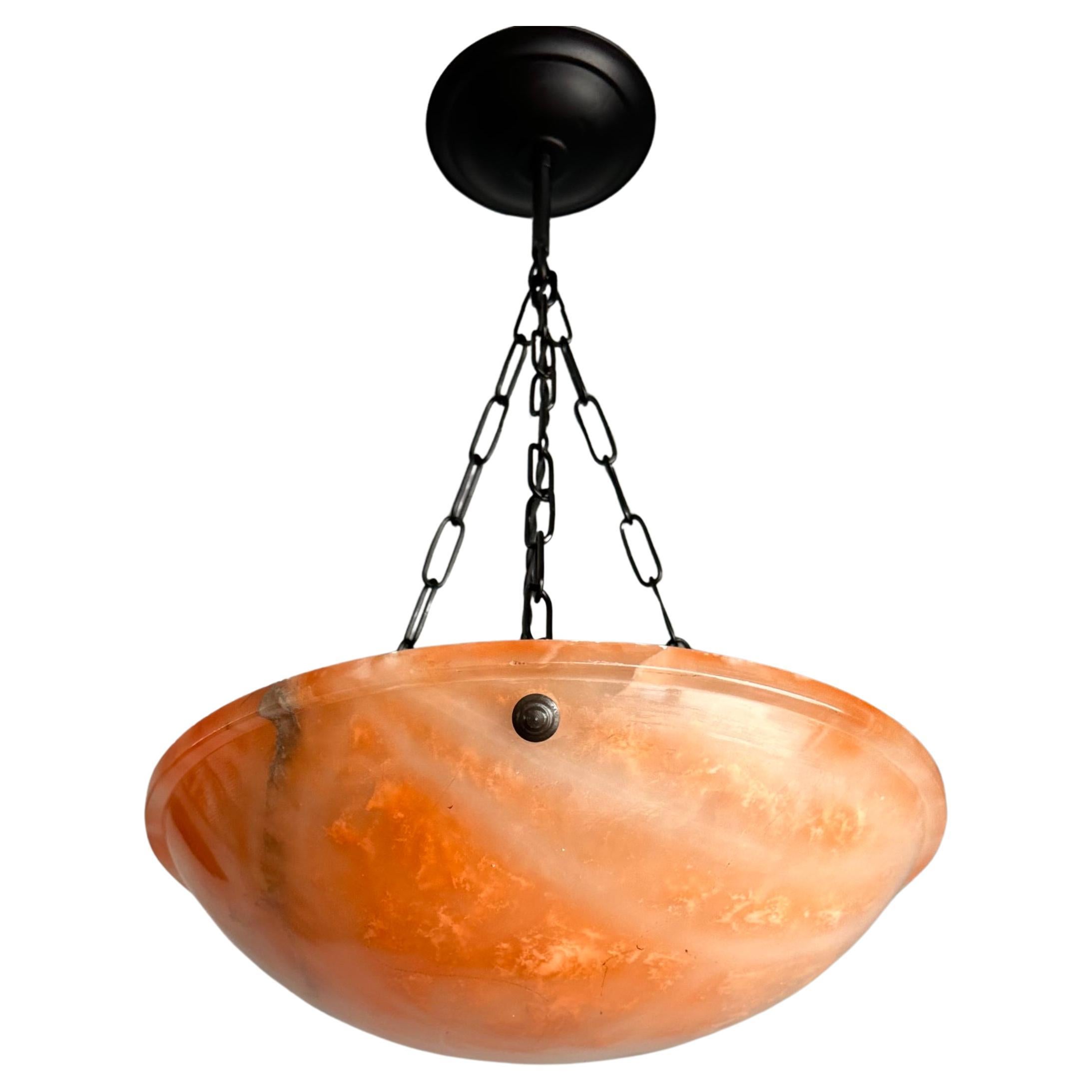 Stunning Antique Art Deco Evening Red Color Alabaster Shade Pendant, Flush Mount