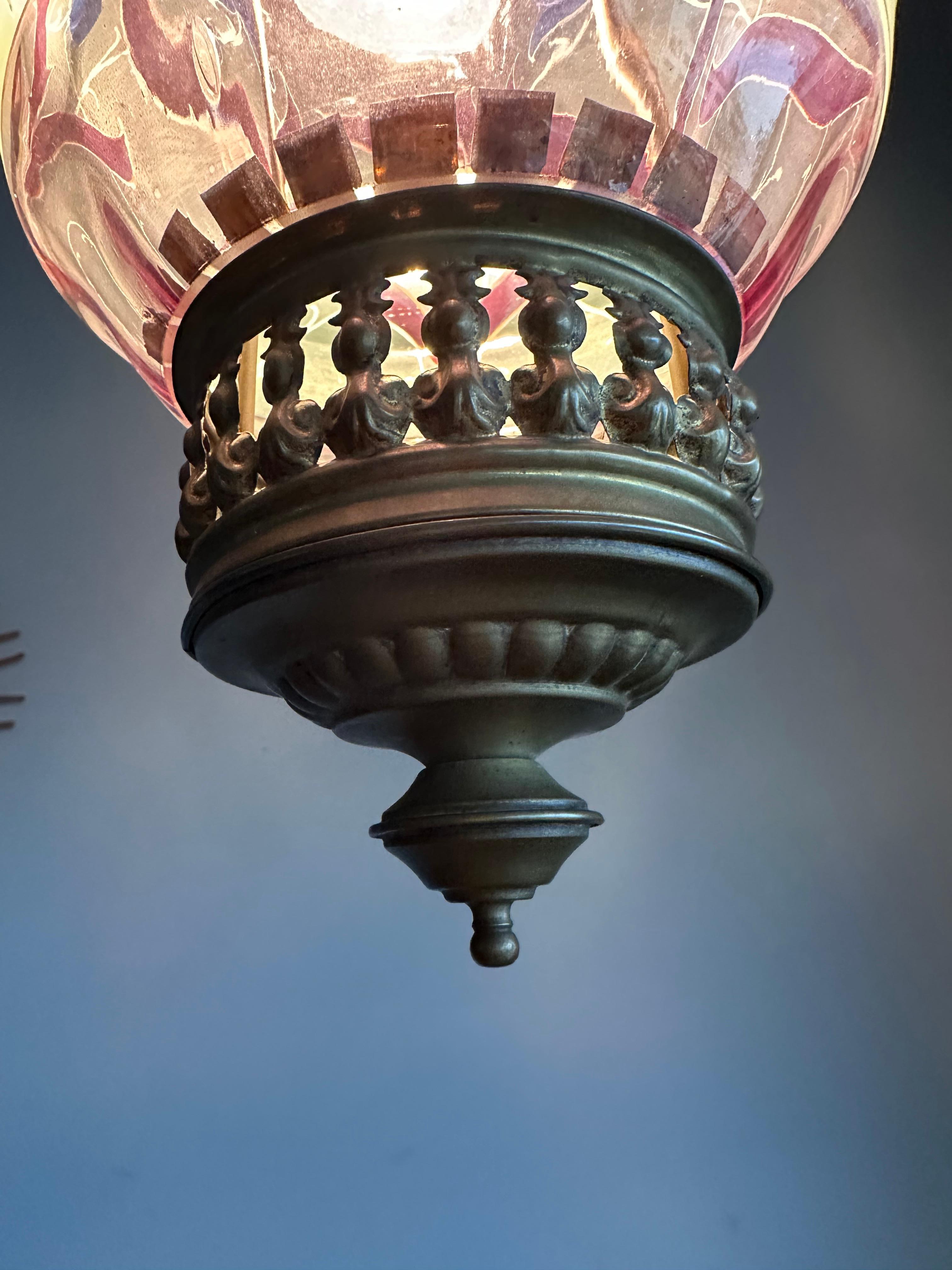 Stunning Antique, Arts & Crafts Brass & Mouth Blown Art Glass Pendant / Lantern For Sale 2