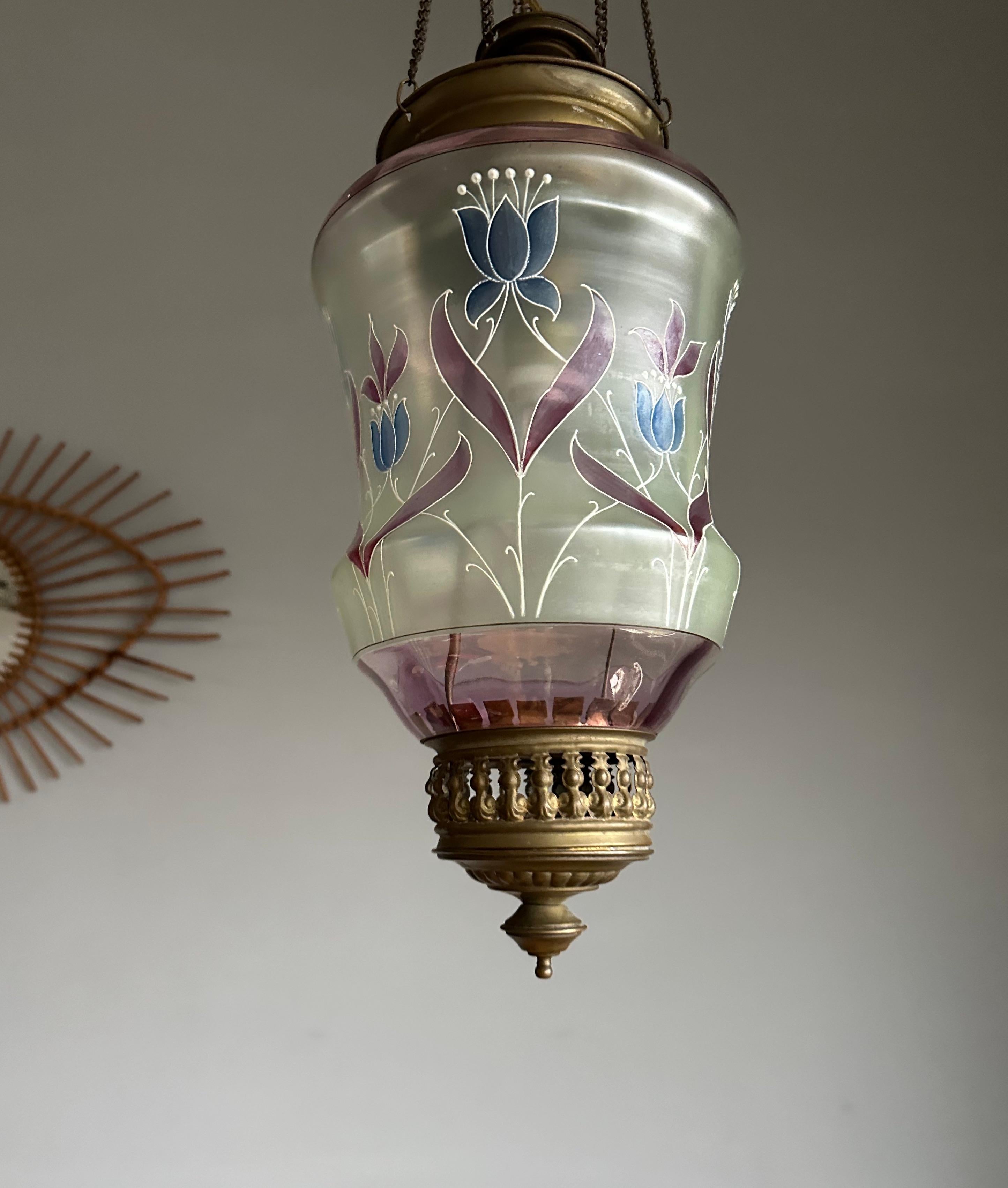 Stunning Antique, Arts & Crafts Brass & Mouth Blown Art Glass Pendant / Lantern For Sale 4