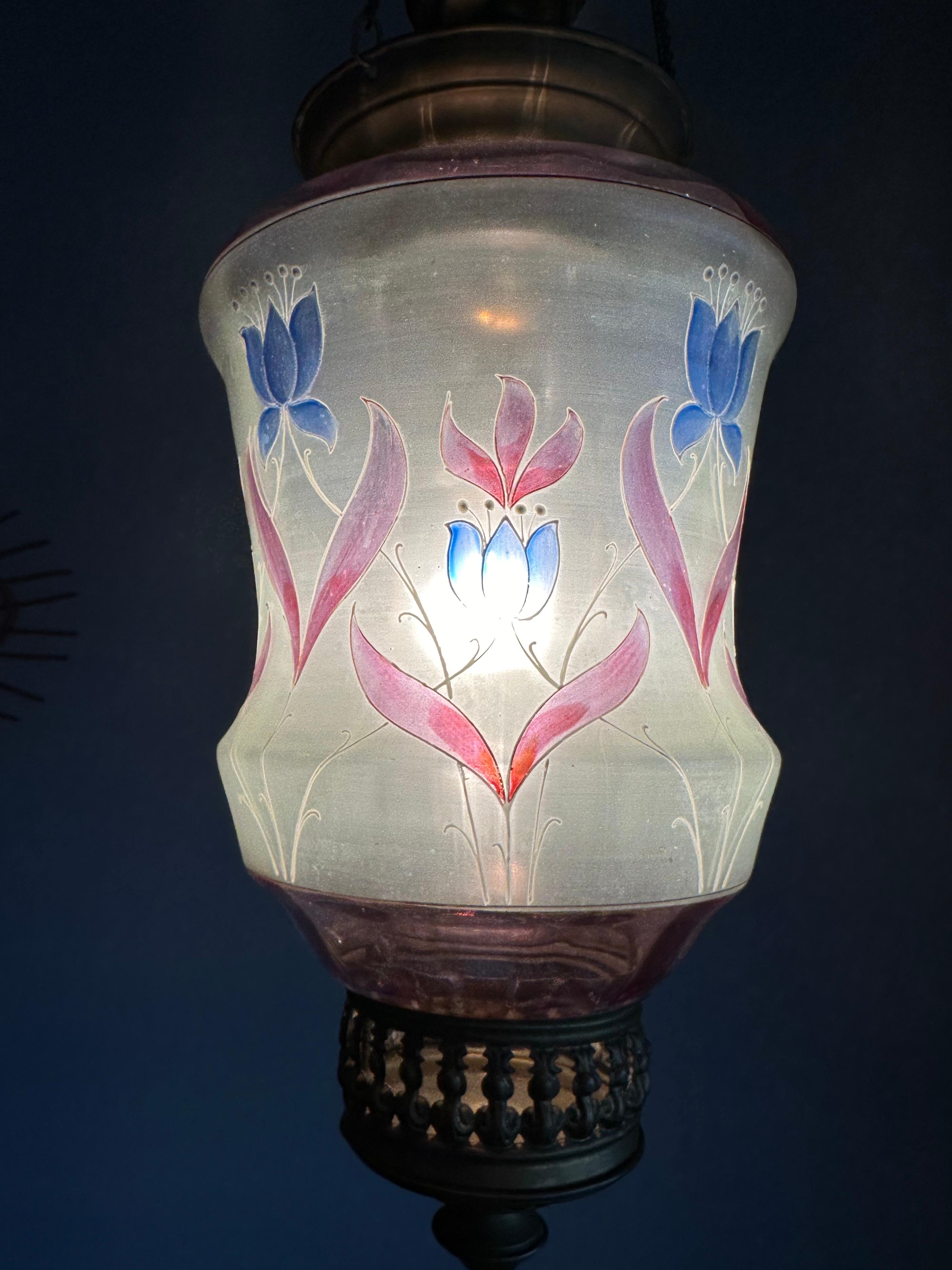 Stunning Antique, Arts & Crafts Brass & Mouth Blown Art Glass Pendant / Lantern For Sale 5