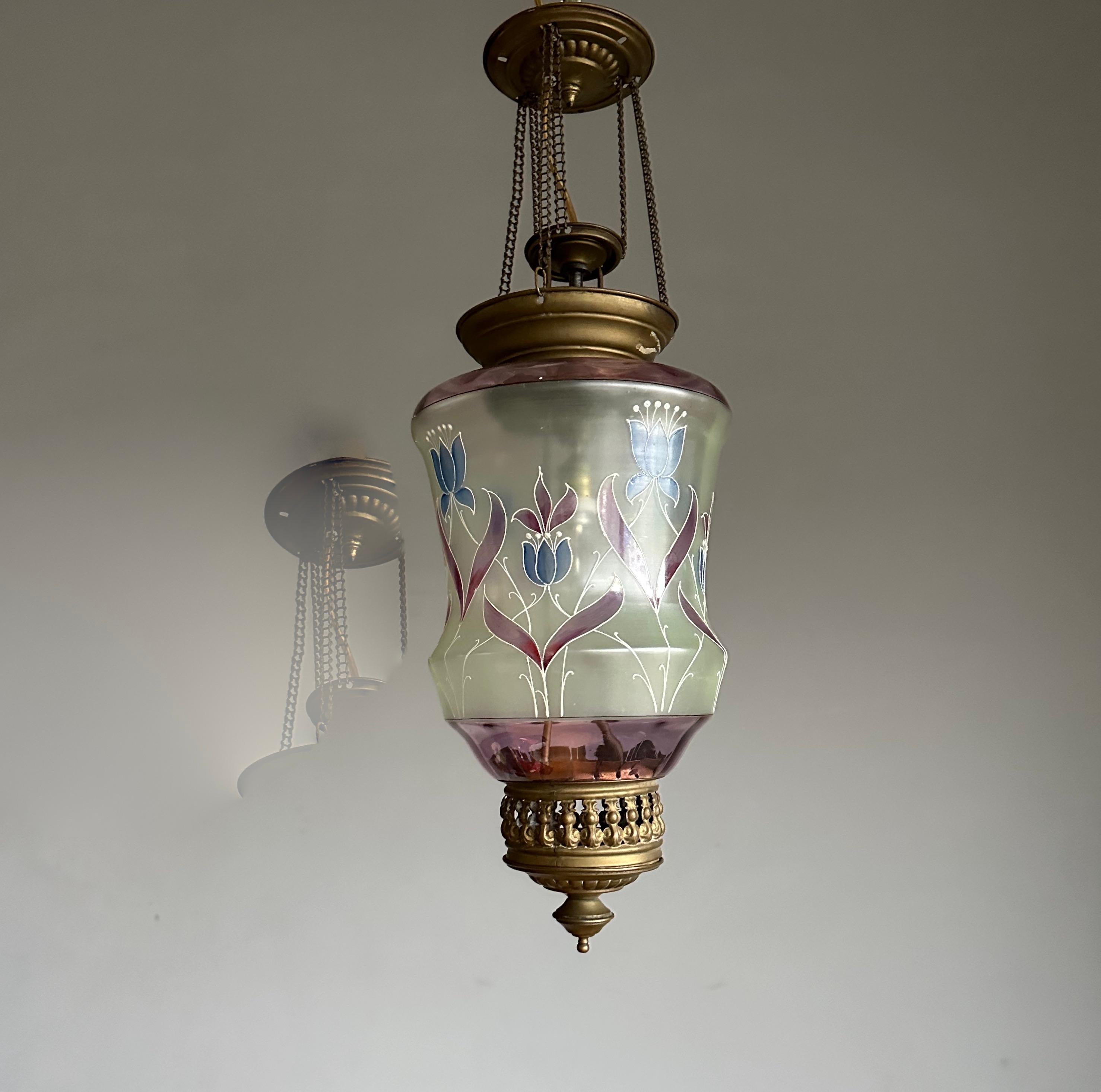 Stunning Antique, Arts & Crafts Brass & Mouth Blown Art Glass Pendant / Lantern For Sale 6