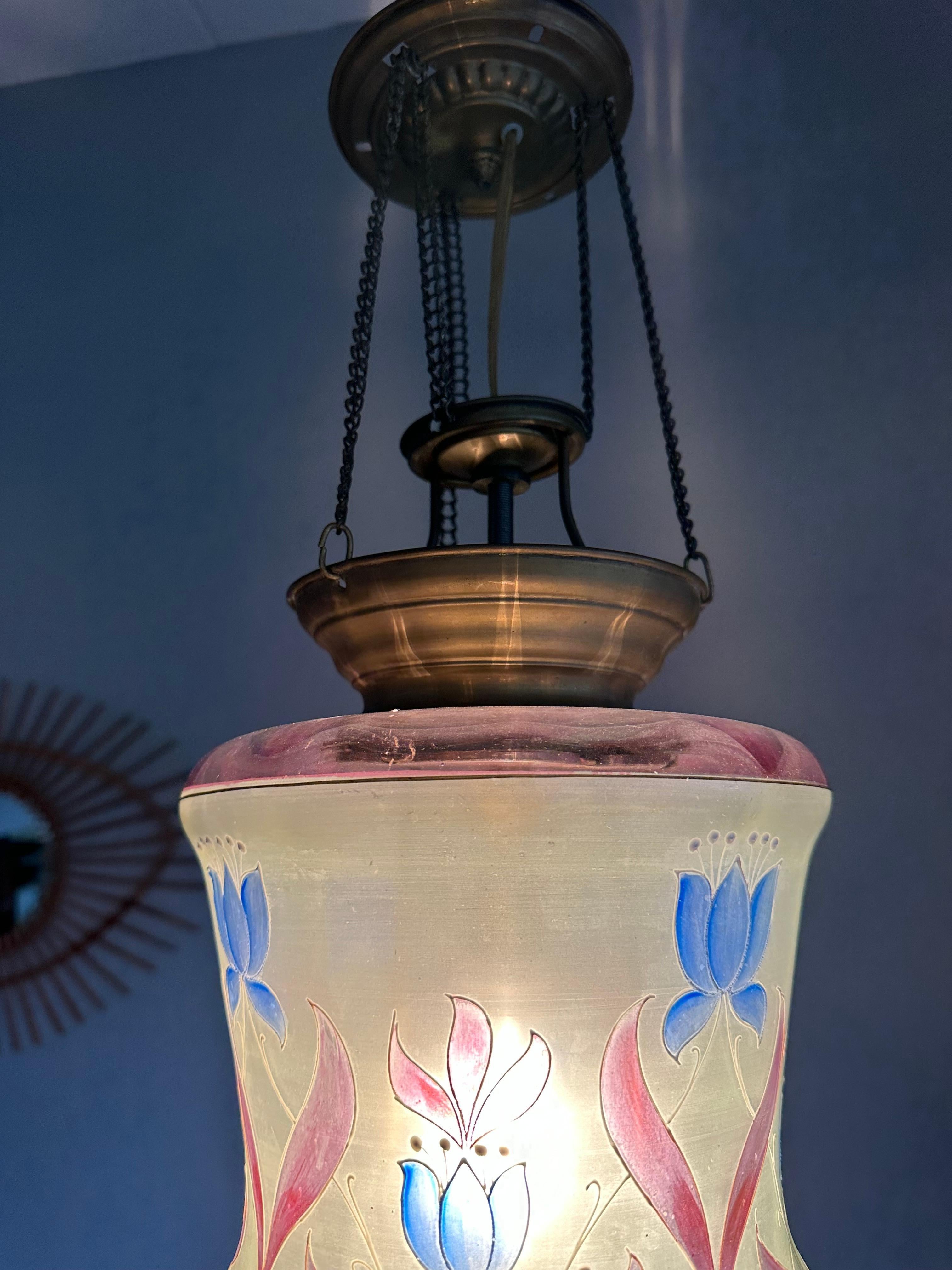 Stunning Antique, Arts & Crafts Brass & Mouth Blown Art Glass Pendant / Lantern For Sale 7