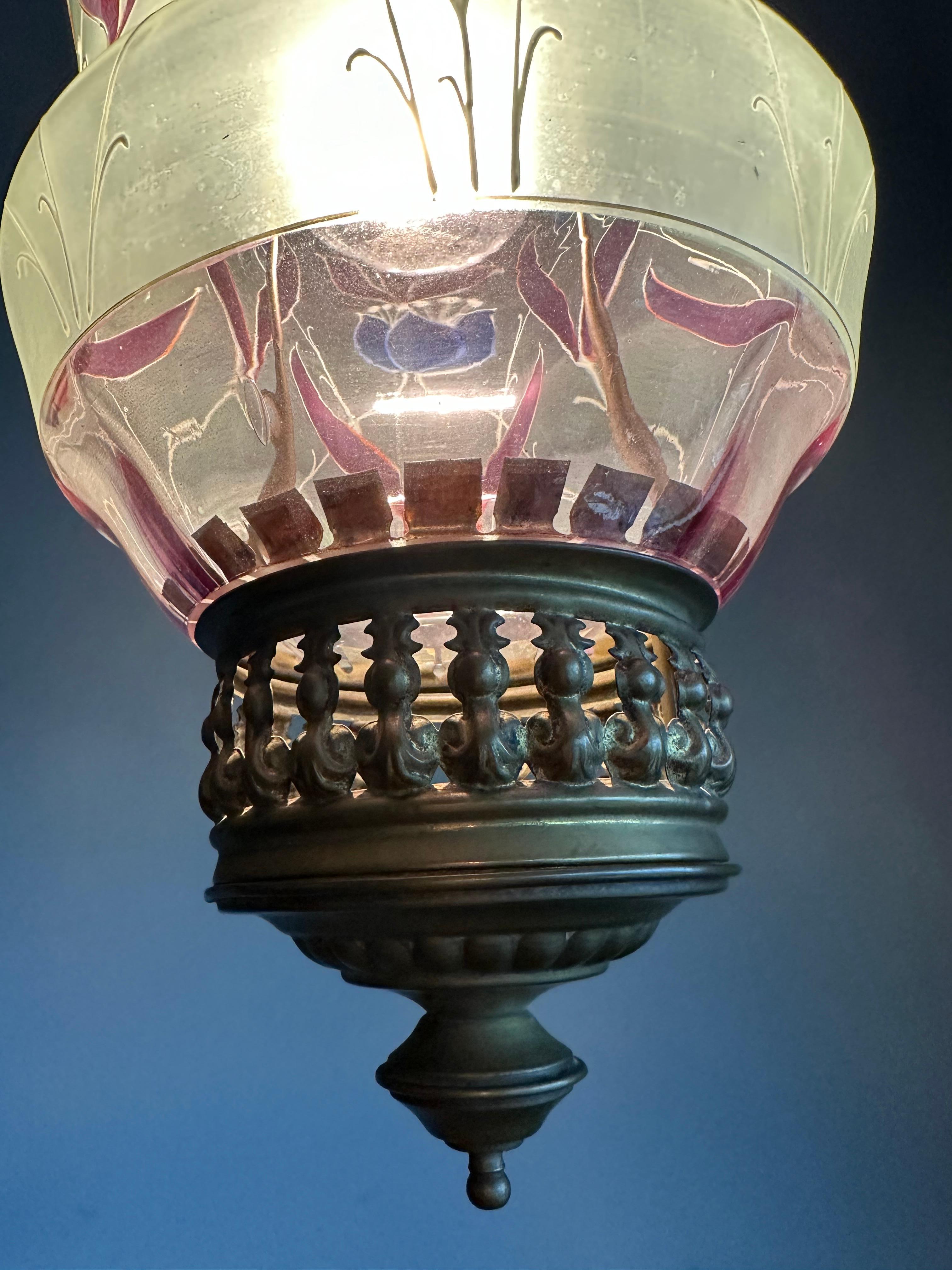 Stunning Antique, Arts & Crafts Brass & Mouth Blown Art Glass Pendant / Lantern For Sale 8