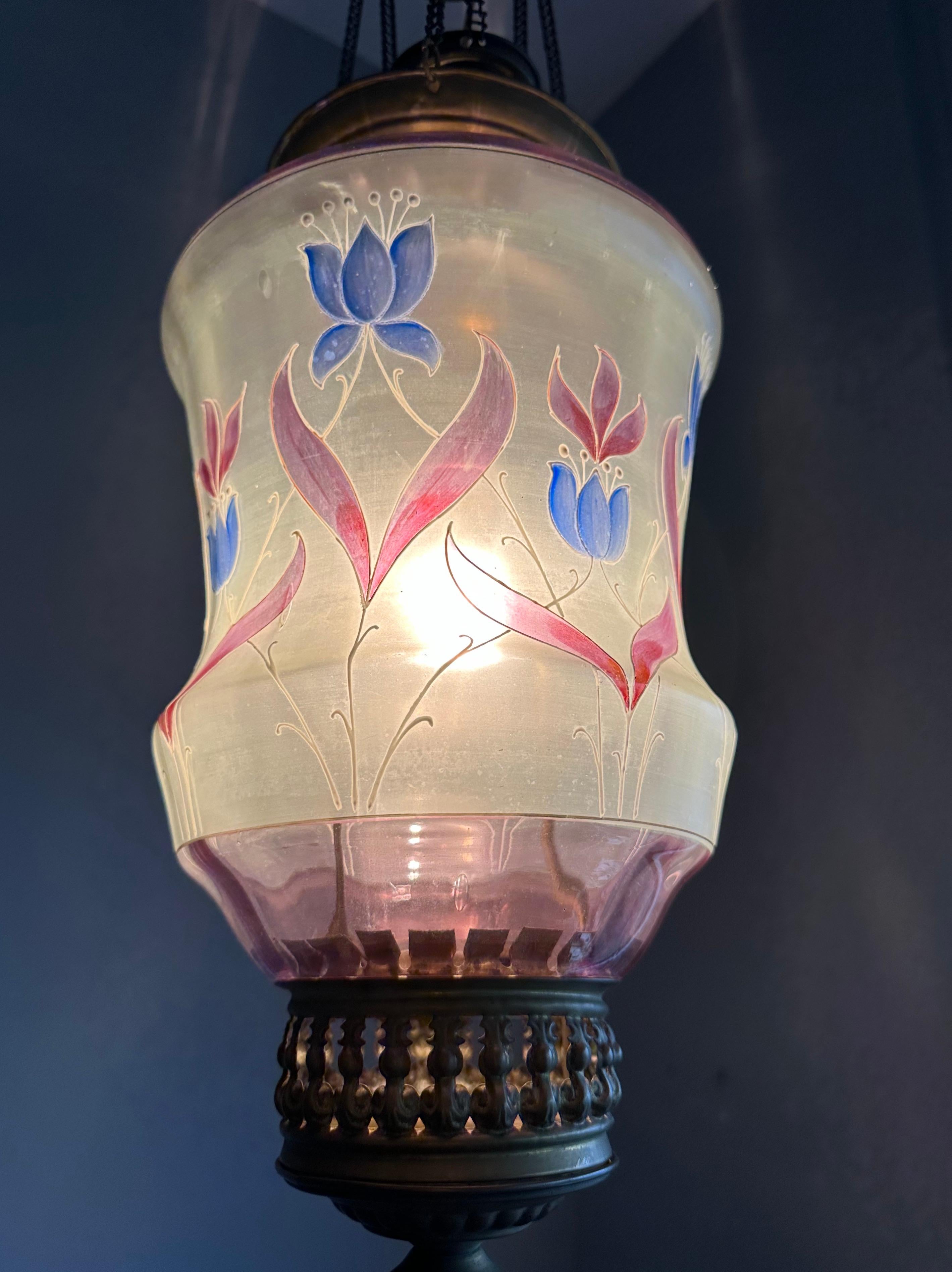 European Stunning Antique, Arts & Crafts Brass & Mouth Blown Art Glass Pendant / Lantern For Sale
