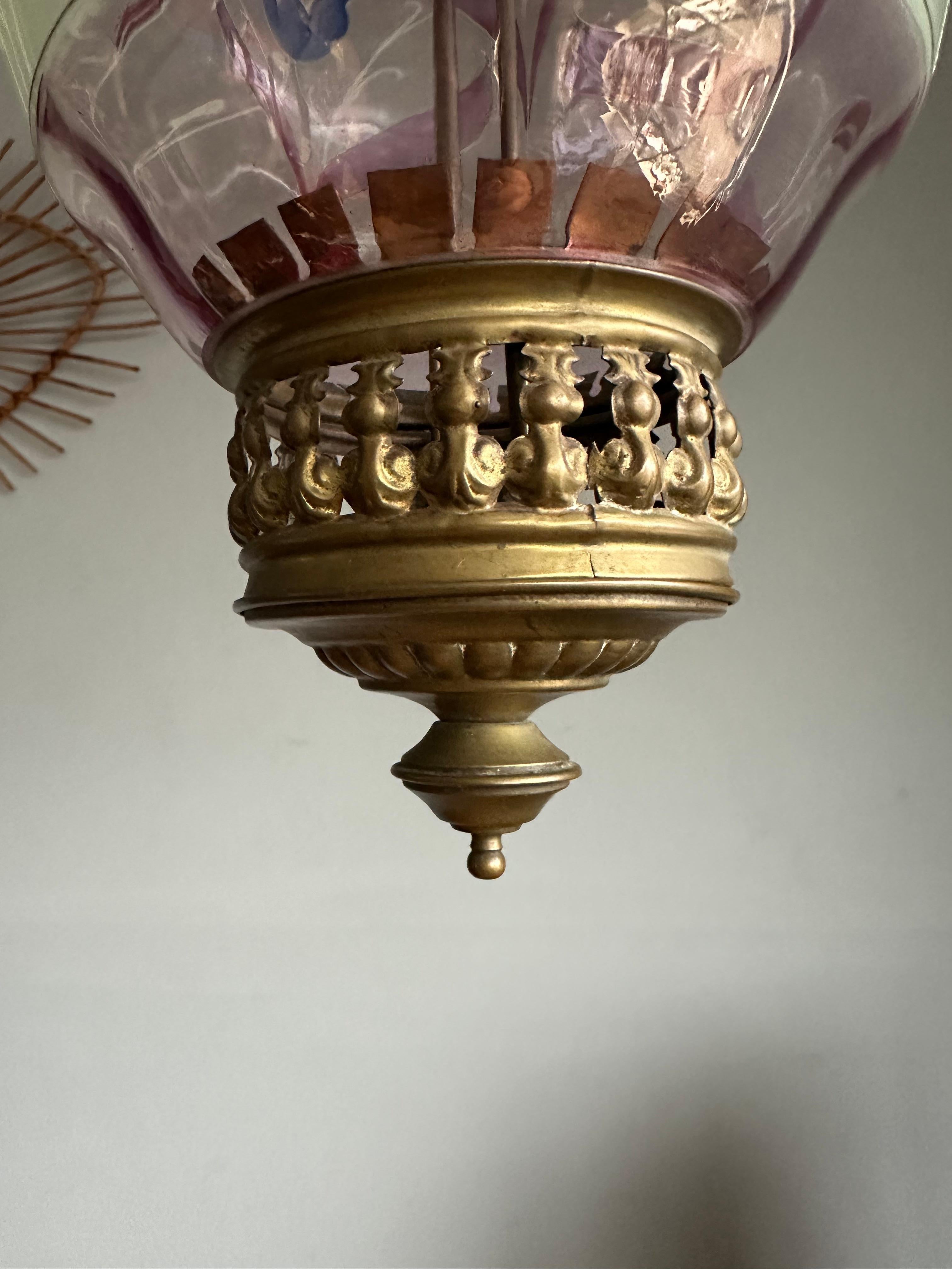 Stunning Antique, Arts & Crafts Brass & Mouth Blown Art Glass Pendant / Lantern For Sale 1