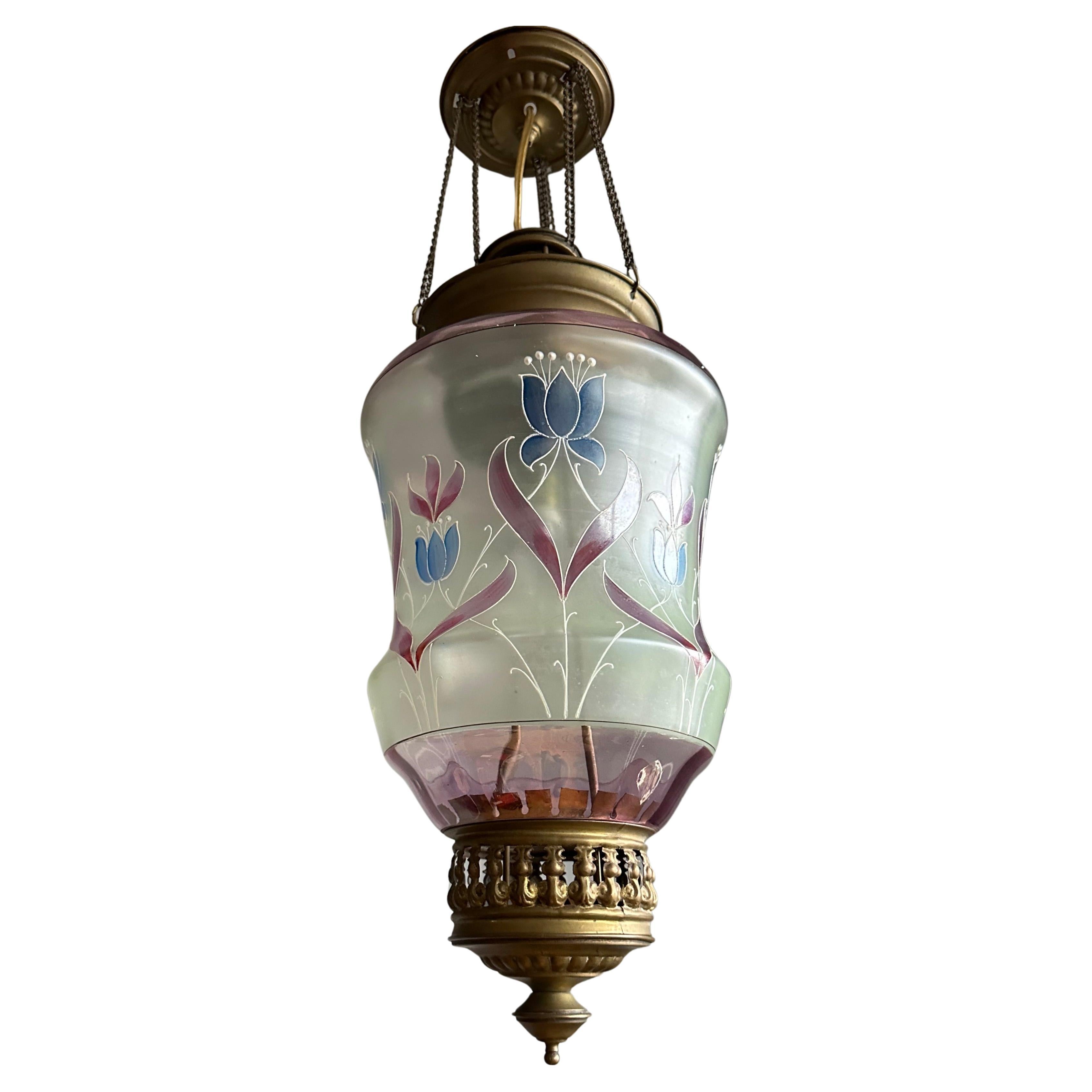 Stunning Antique, Arts & Crafts Brass & Mouth Blown Art Glass Pendant / Lantern