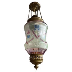 Stunning Vintage, Arts & Crafts Brass & Mouth Blown Art Glass Pendant / Lantern