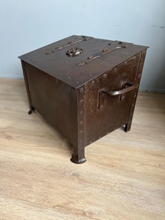 Stunning Antique Arts & Crafts Bronzed Strong Box, Firewood Bucket w. Tudor Rose