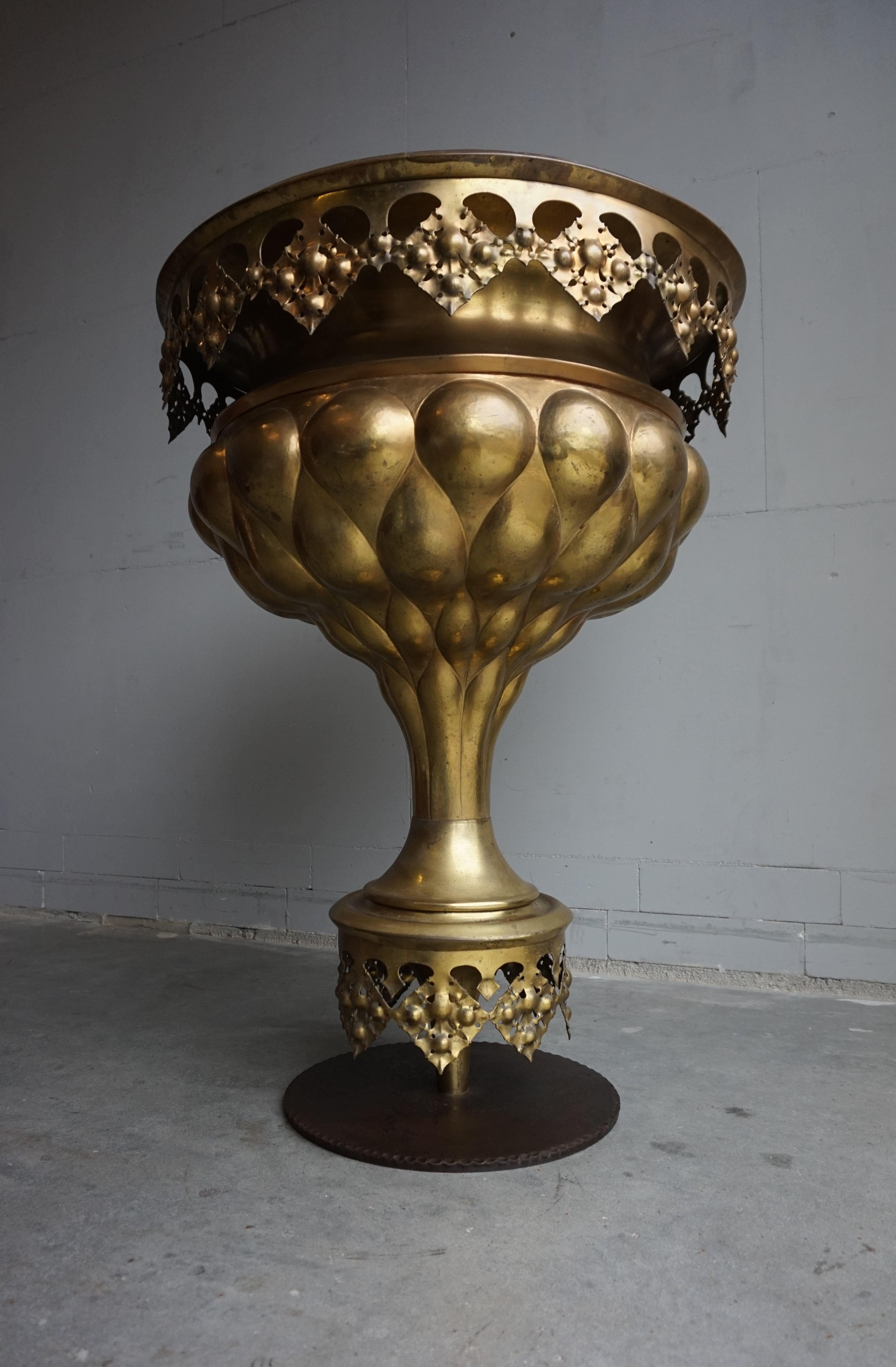 European Stunning Antique Brass Gothic Revival Former Church Baptismal Font Planter Stand For Sale