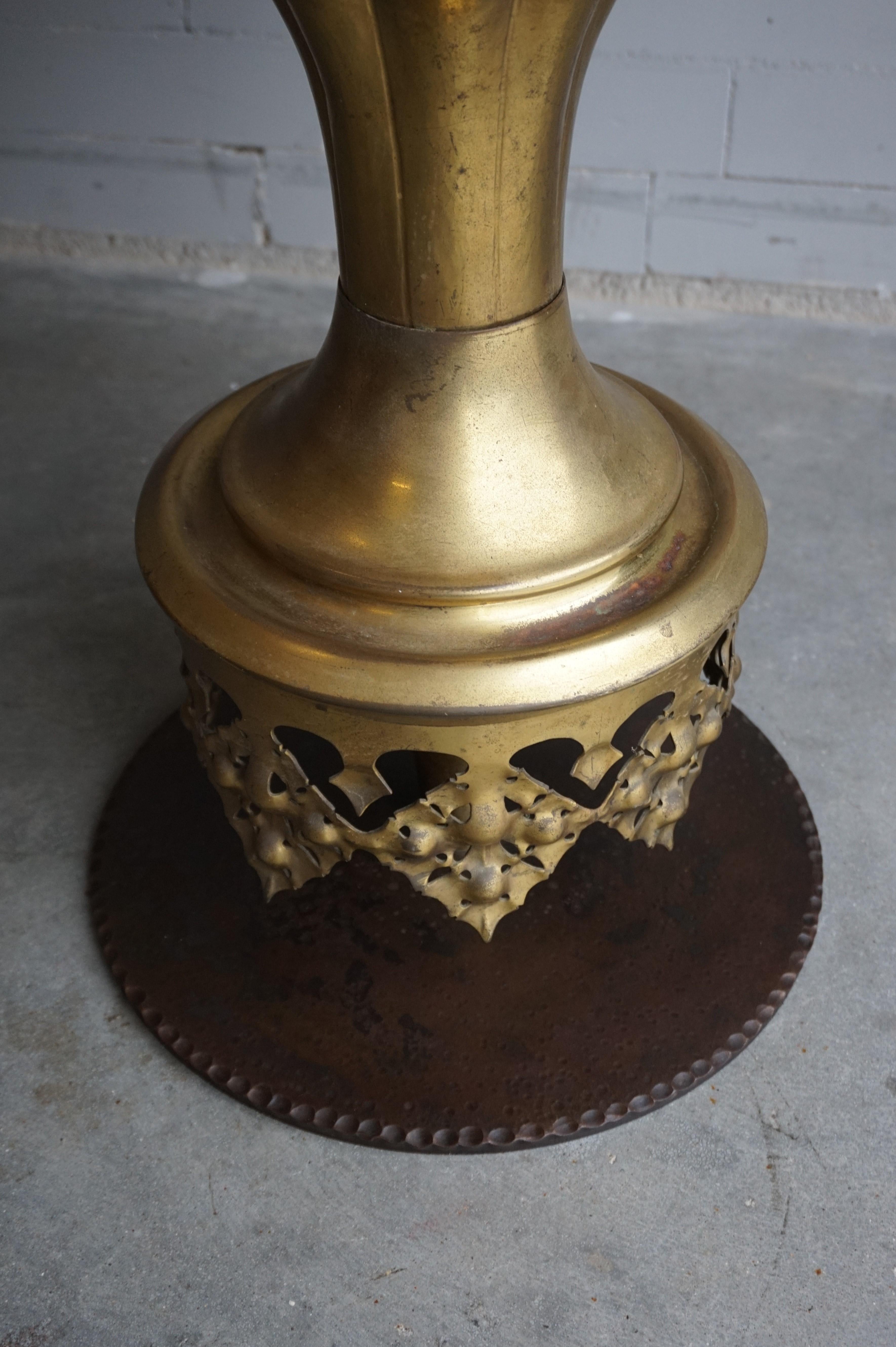 Embossed Stunning Antique Brass Gothic Revival Former Church Baptismal Font Planter Stand For Sale
