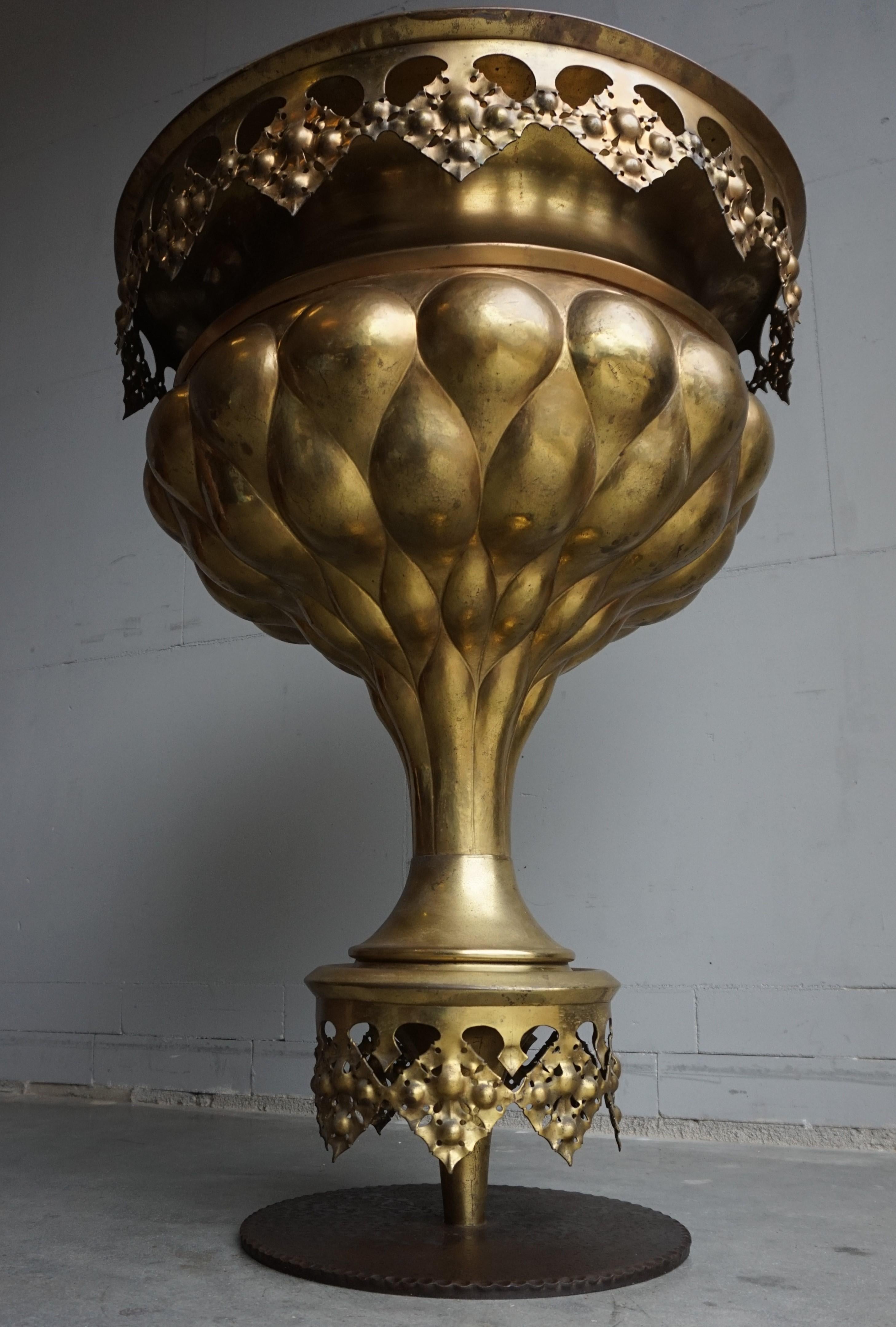Stunning Antique Brass Gothic Revival Former Church Baptismal Font Planter Stand For Sale 1
