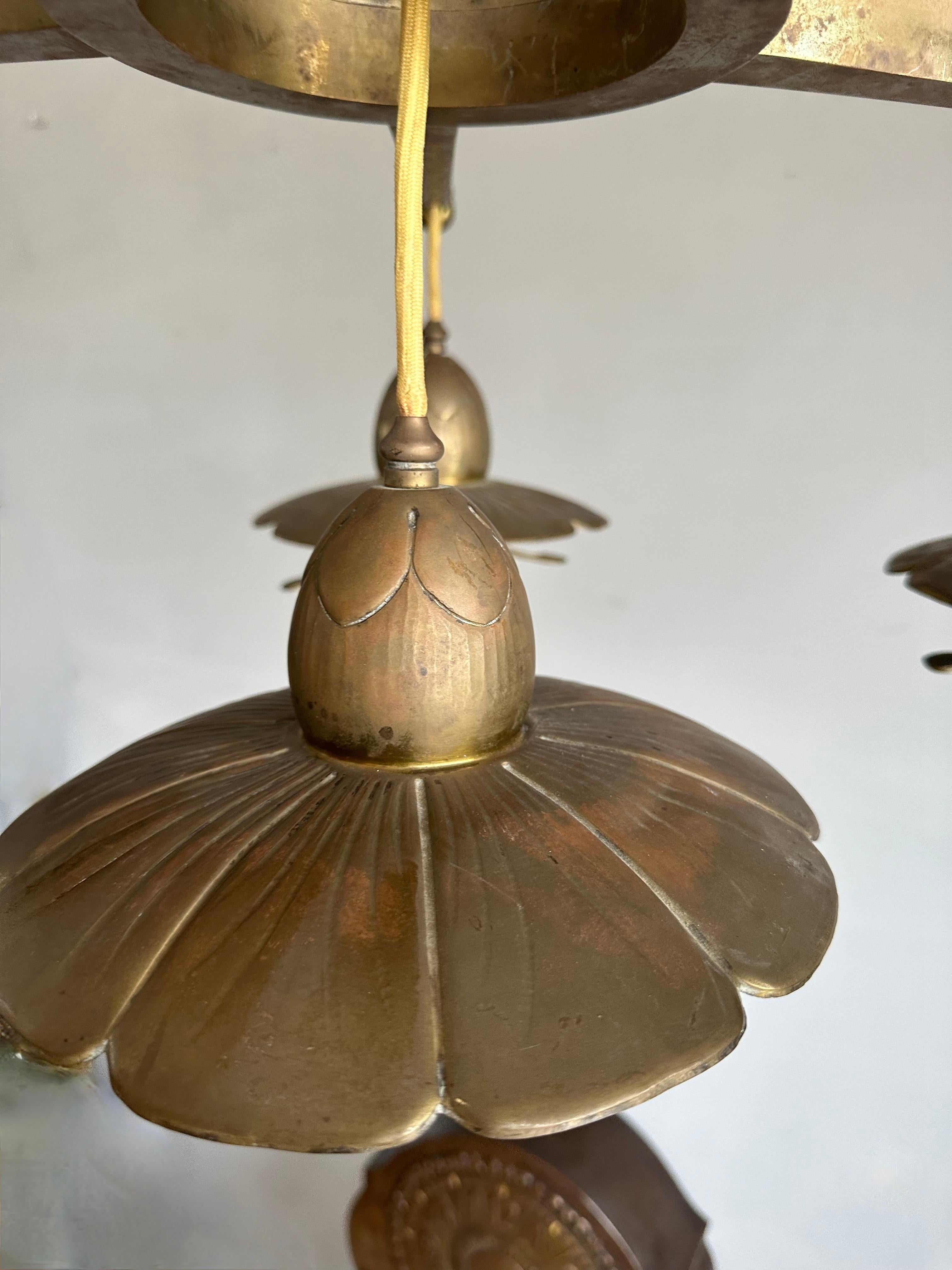 Stunning Antique Bronze & Brass Chandelier w. Unique Lotus Flower Shades ca 1910 For Sale 3