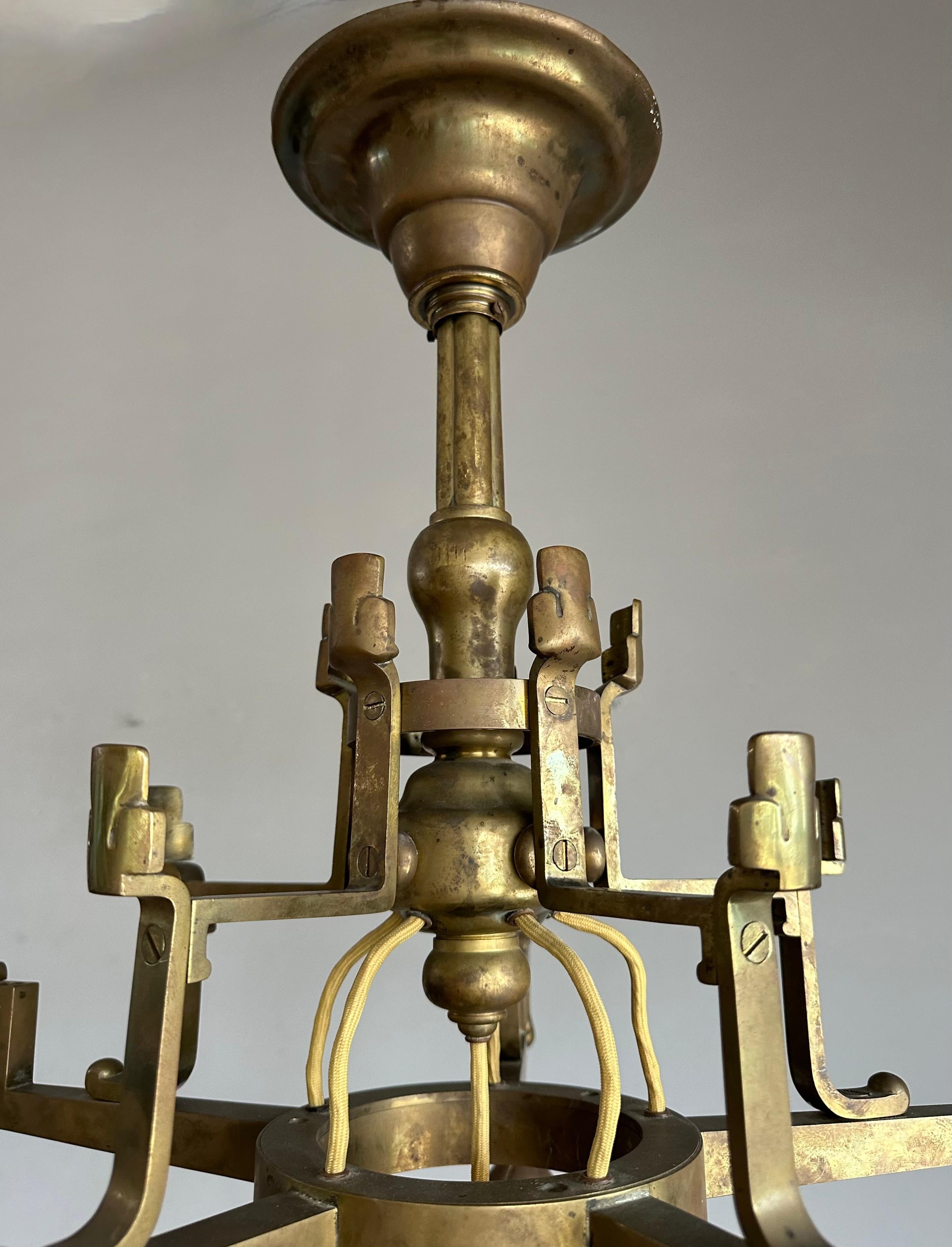 Stunning Antique Bronze & Brass Chandelier w. Unique Lotus Flower Shades ca 1910 For Sale 5