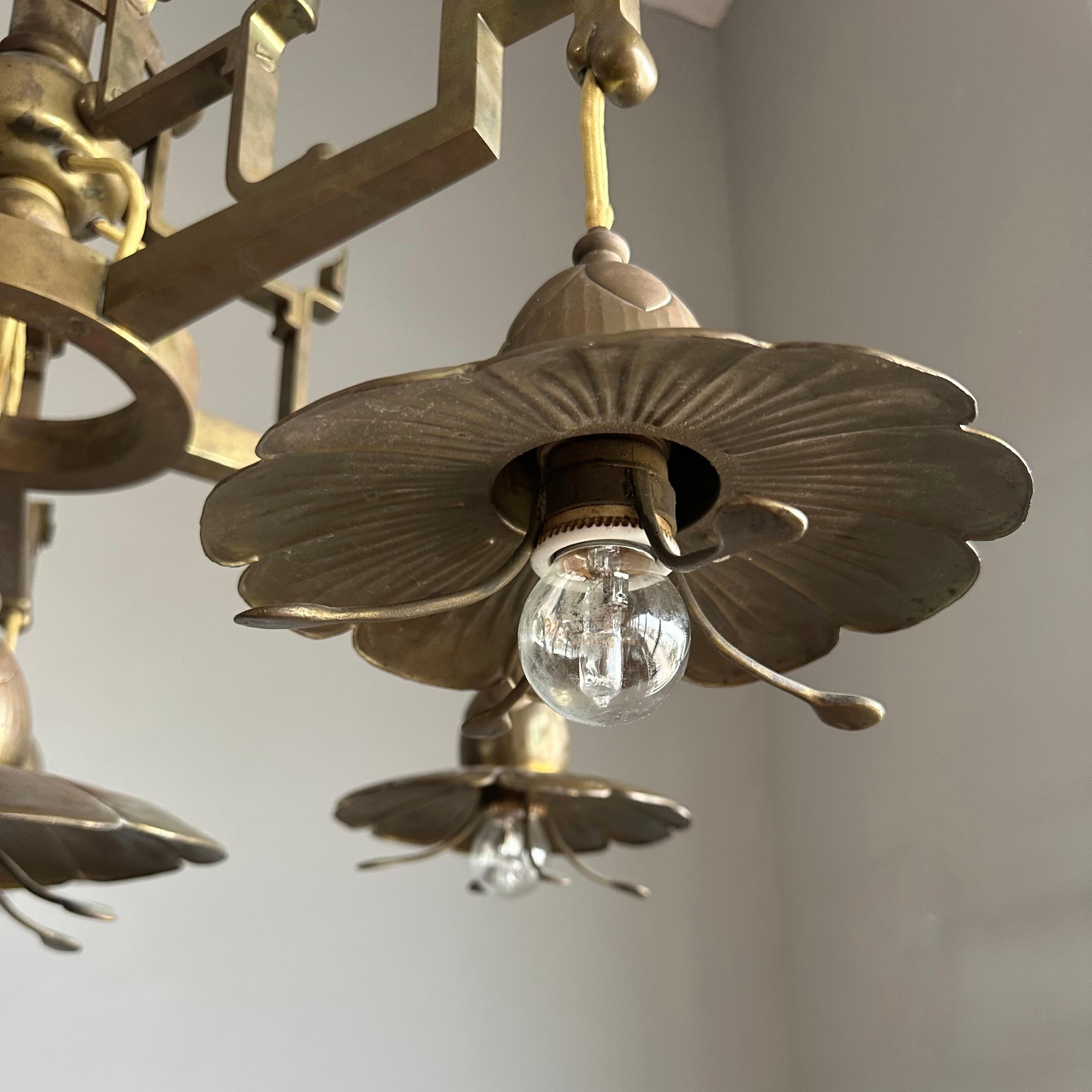 Stunning Antique Bronze & Brass Chandelier w. Unique Lotus Flower Shades ca 1910 For Sale 6