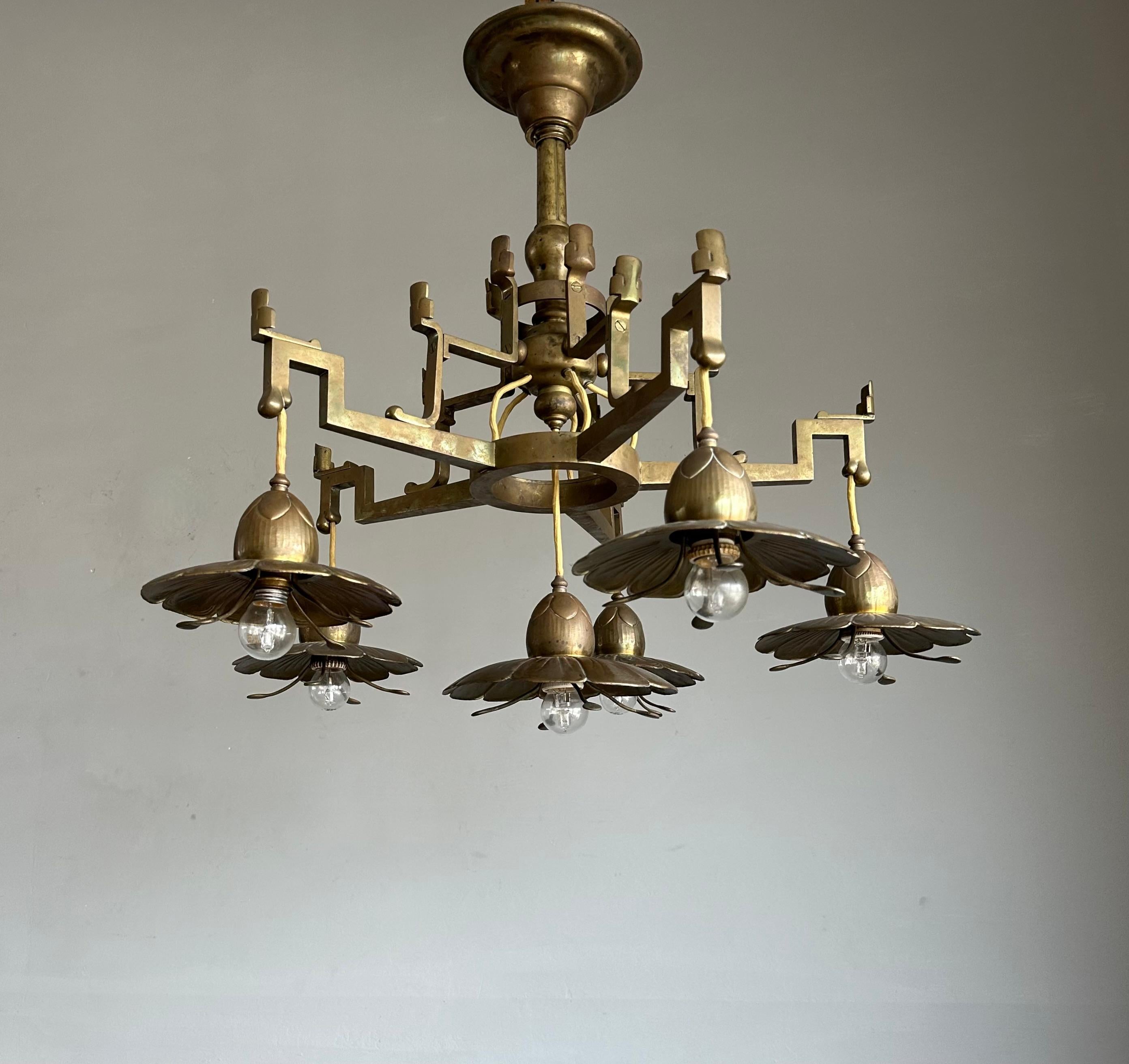 Stunning Antique Bronze & Brass Chandelier w. Unique Lotus Flower Shades ca 1910 For Sale 7