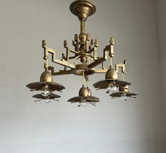 Stunning Antique Bronze & Brass Chandelier w. Unique Lotus Flower Shades ca 1910