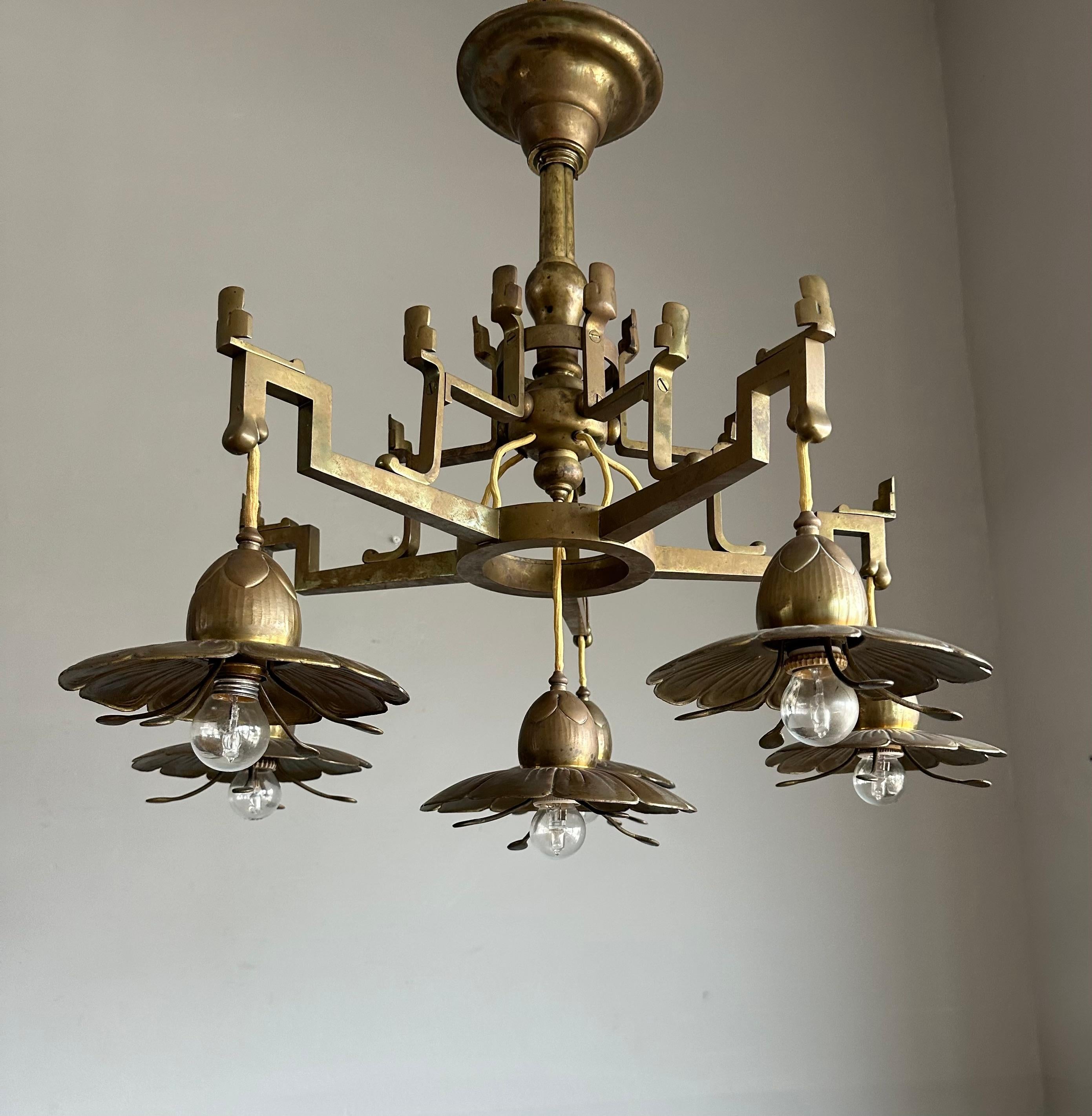 Japonisme Stunning Antique Bronze & Brass Chandelier w. Unique Lotus Flower Shades ca 1910 For Sale