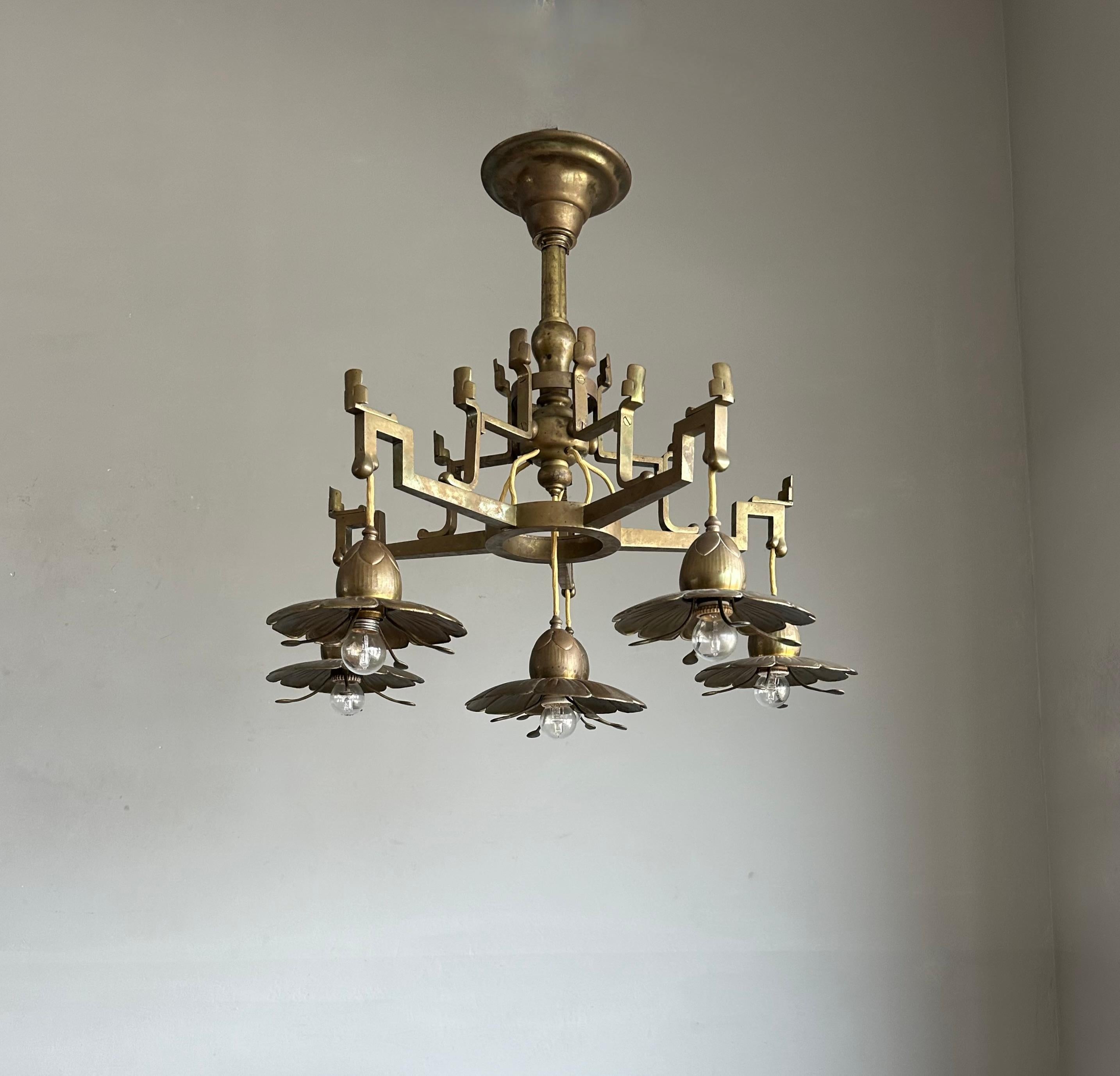 European Stunning Antique Bronze & Brass Chandelier w. Unique Lotus Flower Shades ca 1910 For Sale