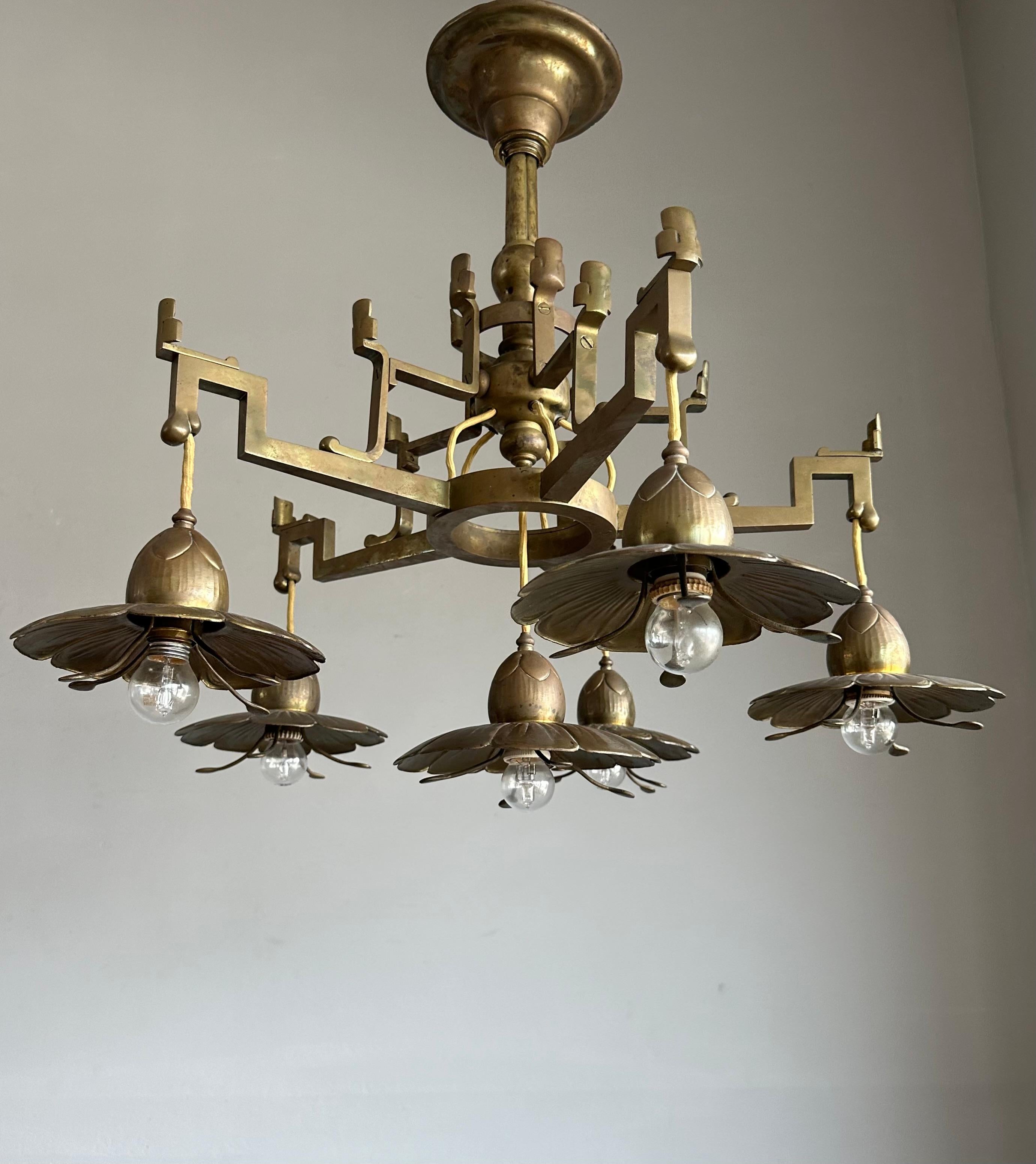 Bronzed Stunning Antique Bronze & Brass Chandelier w. Unique Lotus Flower Shades ca 1910 For Sale
