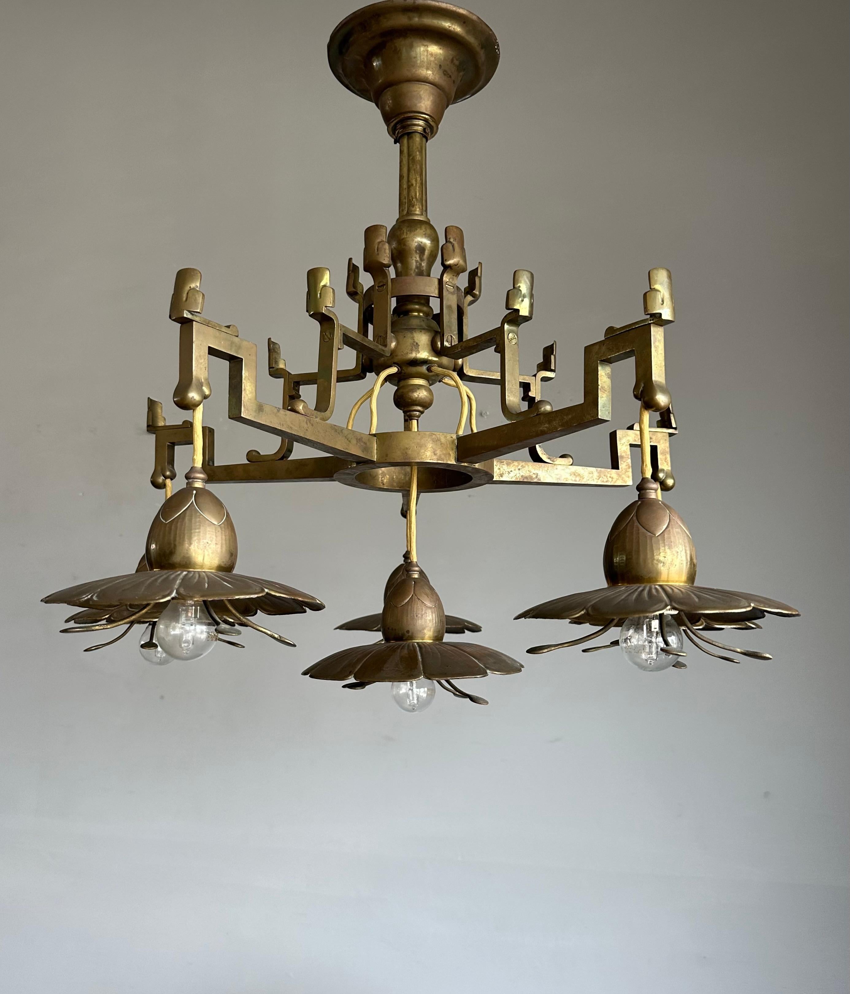 20th Century Stunning Antique Bronze & Brass Chandelier w. Unique Lotus Flower Shades ca 1910 For Sale