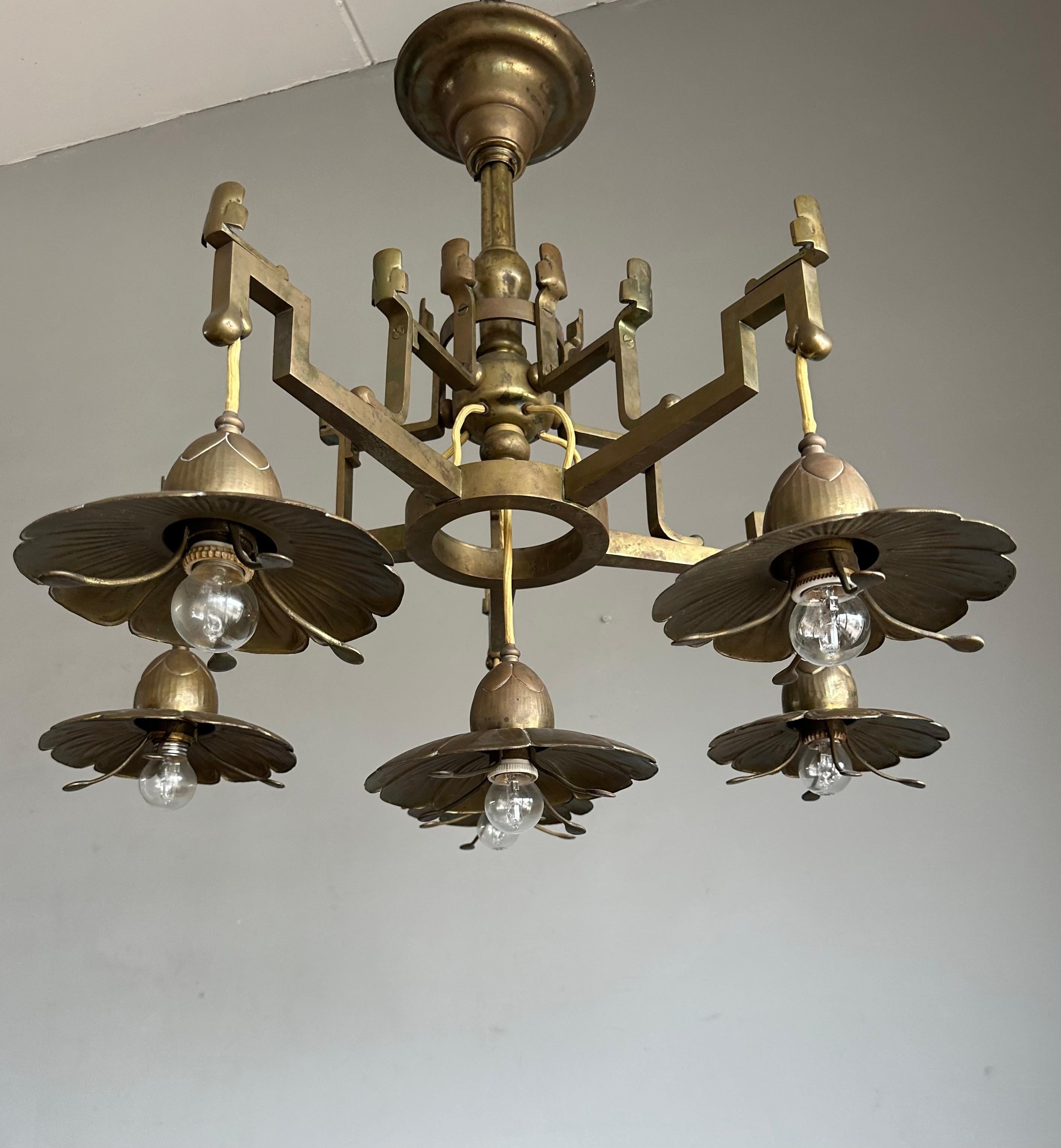 Stunning Antique Bronze & Brass Chandelier w. Unique Lotus Flower Shades ca 1910 For Sale 1