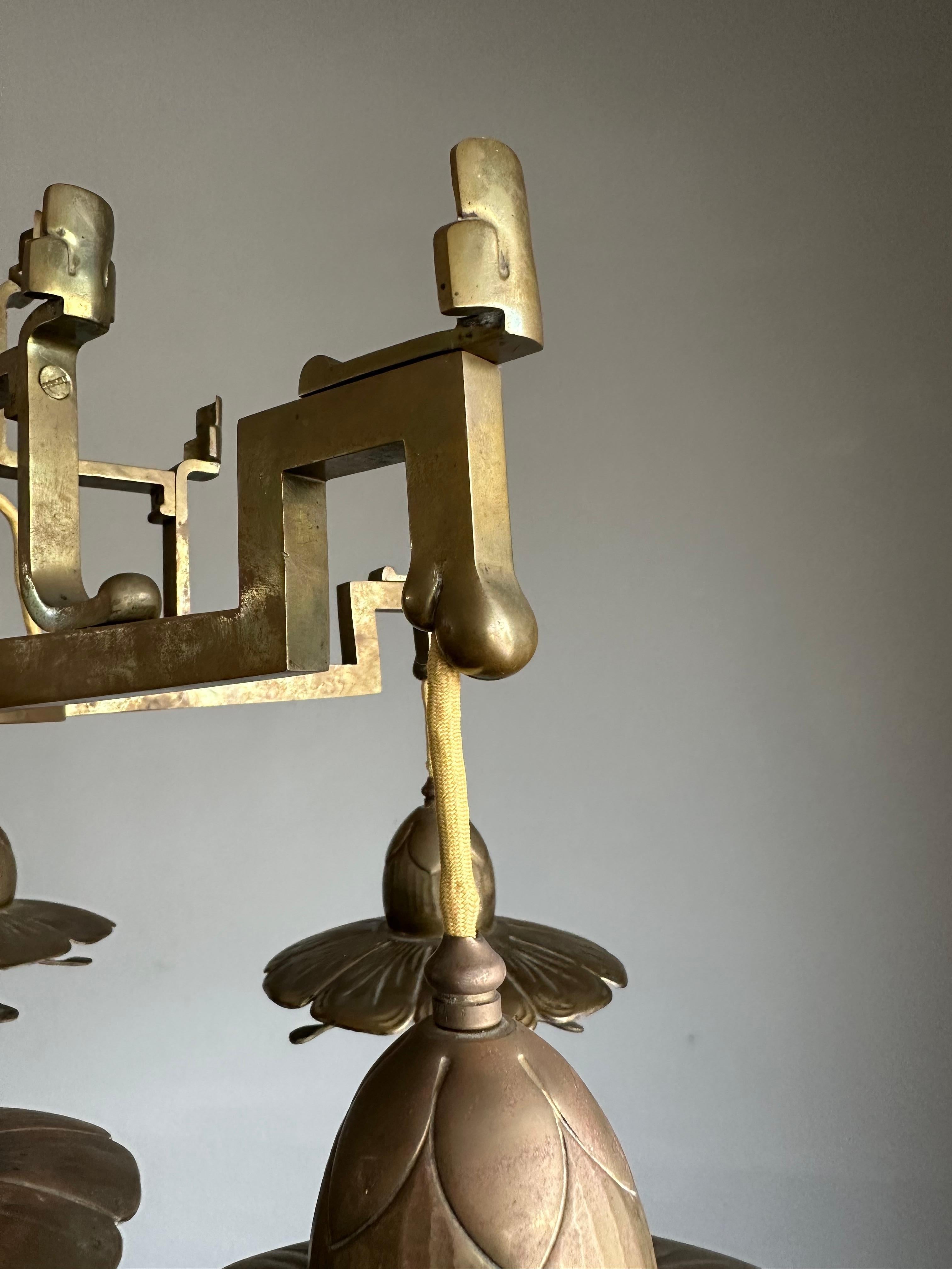 Stunning Antique Bronze & Brass Chandelier w. Unique Lotus Flower Shades ca 1910 For Sale 2