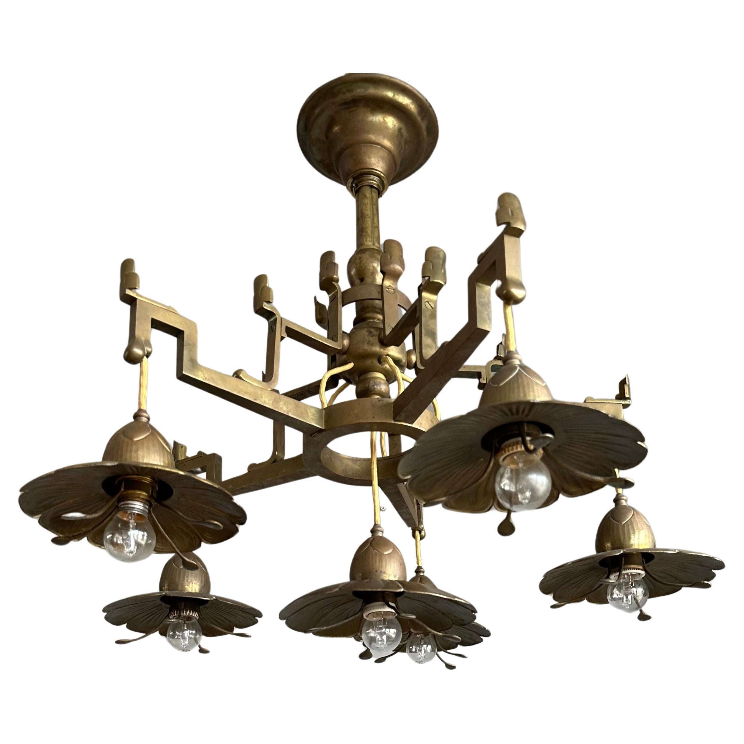 Stunning Antique Bronze & Brass Chandelier w. Unique Lotus Flower Shades ca 1910