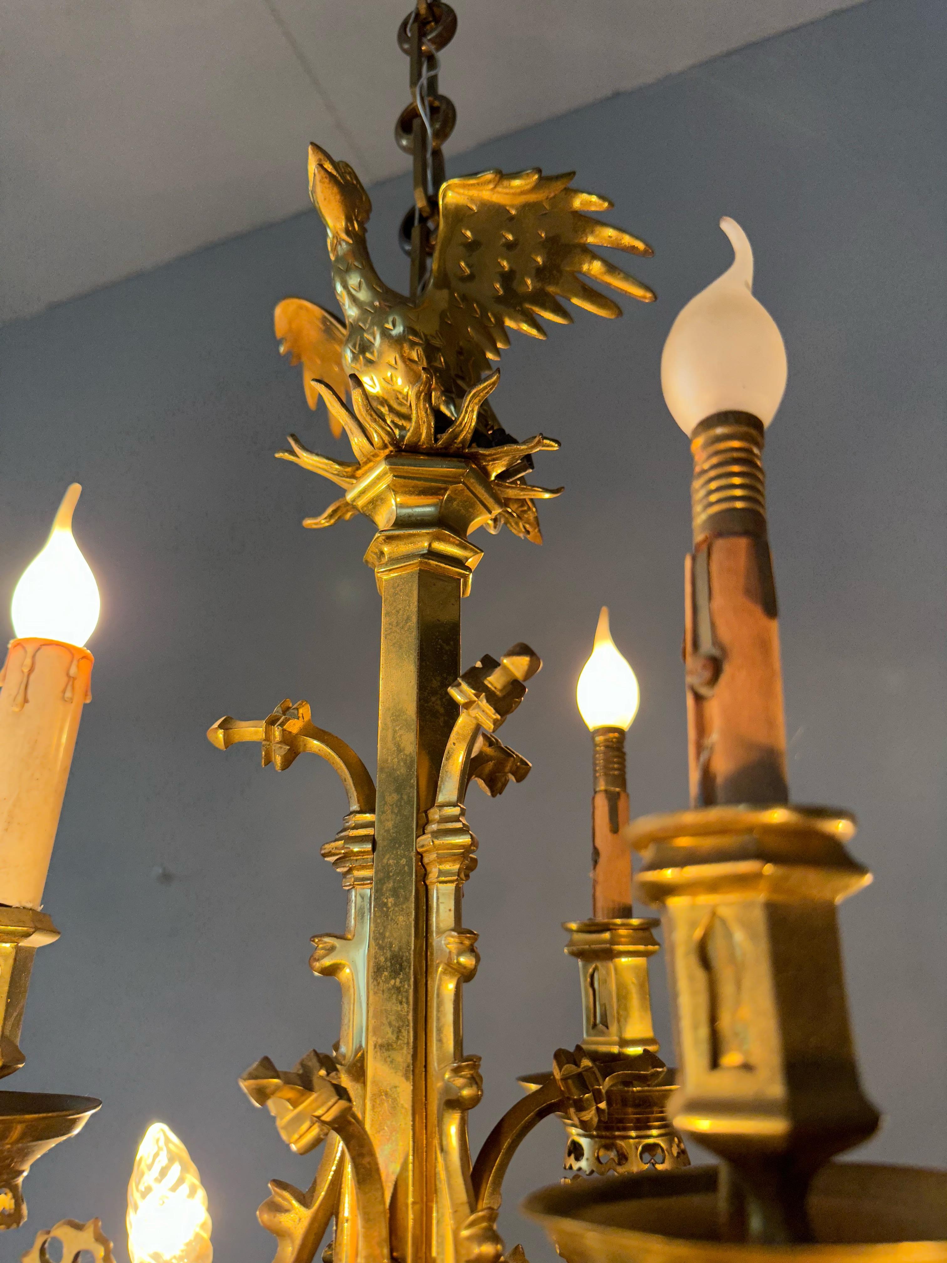 Awesome Antique Bronze Gothic Revival 9 Light Chandelier with Phoenix Sculpture For Sale 4