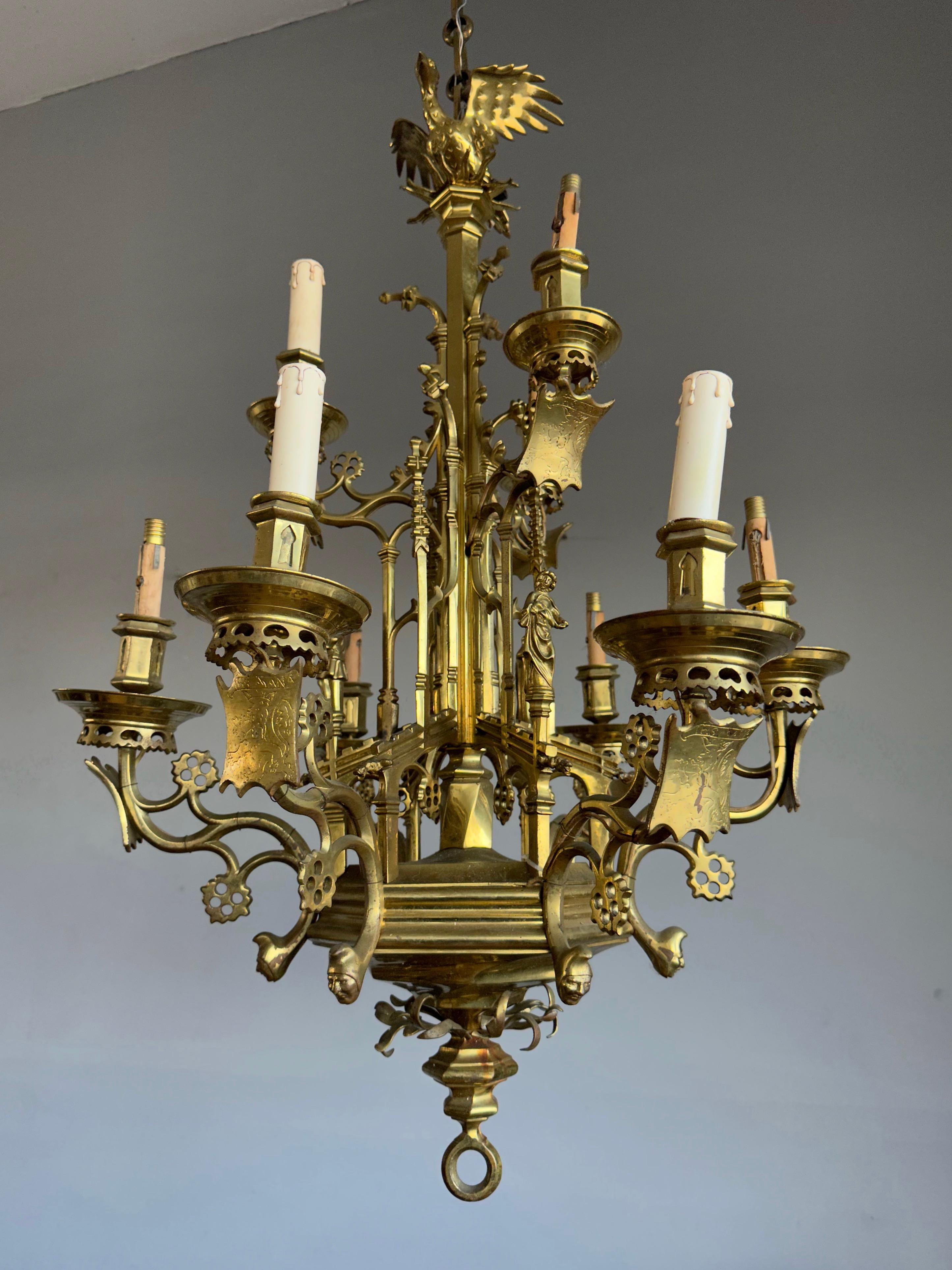 Awesome Antique Bronze Gothic Art Nine Light Chandelier with Phoenix Sculpture For Sale 6