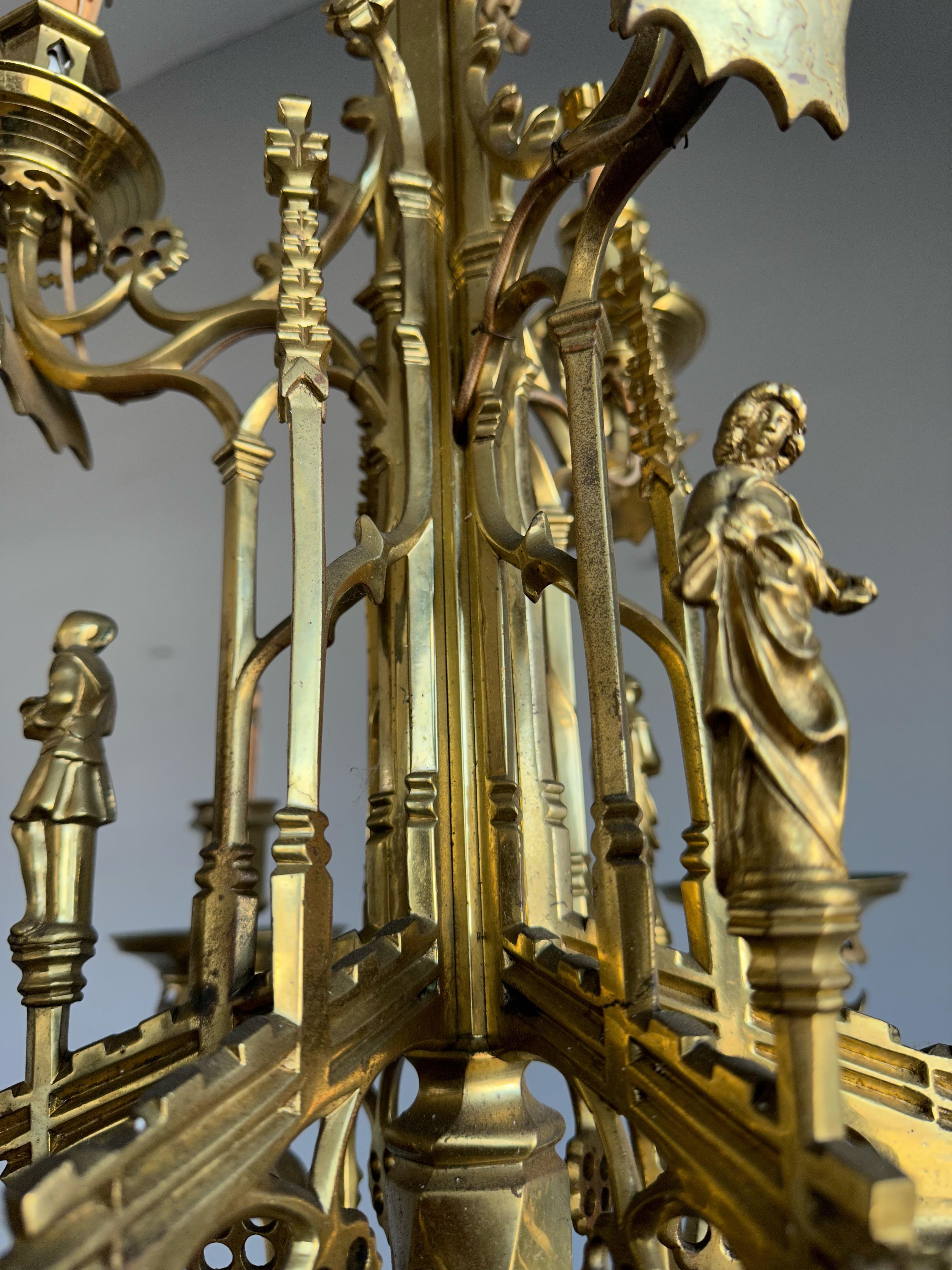 Awesome Antique Bronze Gothic Revival 9 Light Chandelier with Phoenix Sculpture For Sale 7