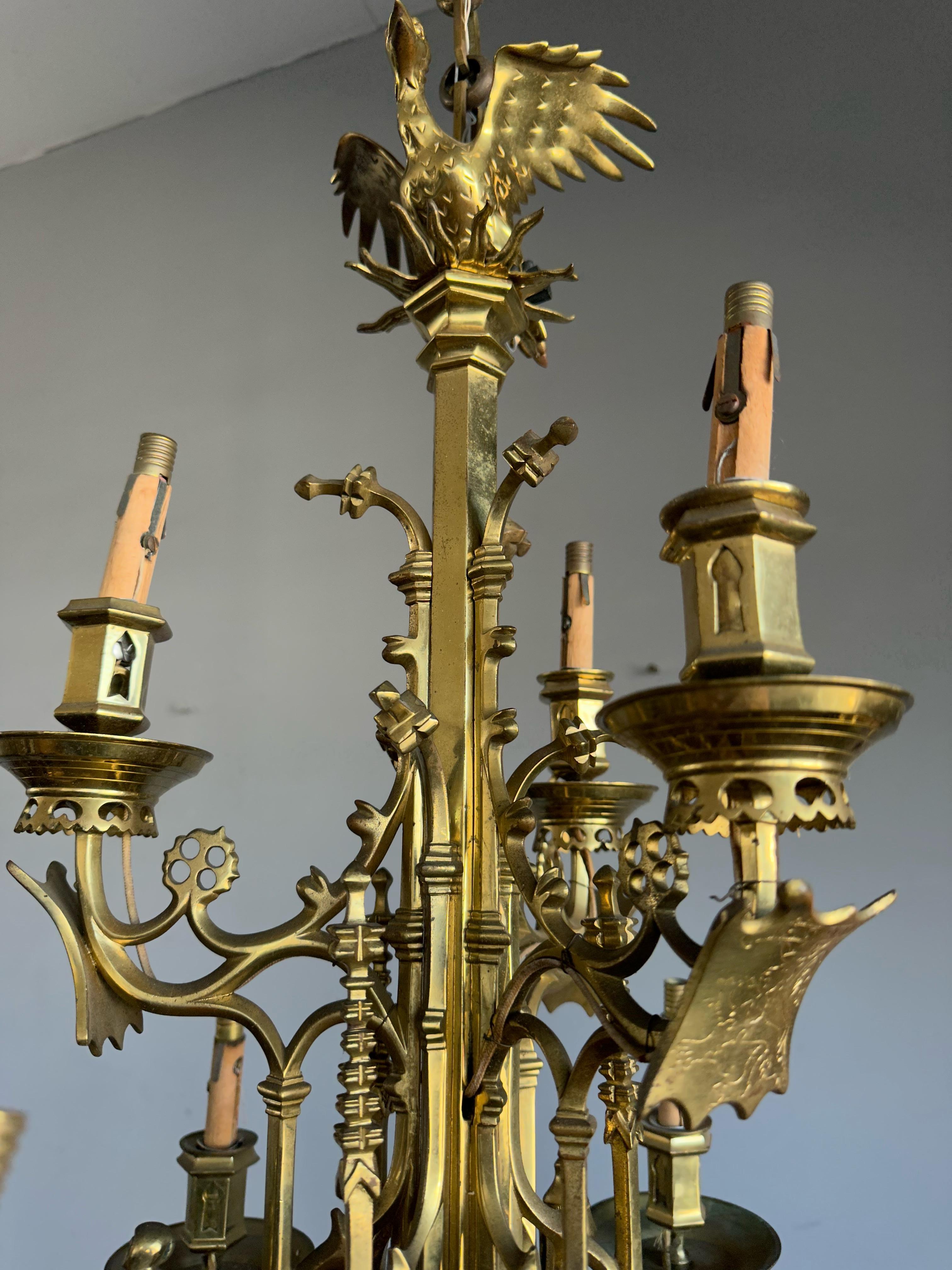 Awesome Antique Bronze Gothic Art Nine Light Chandelier with Phoenix Sculpture For Sale 13
