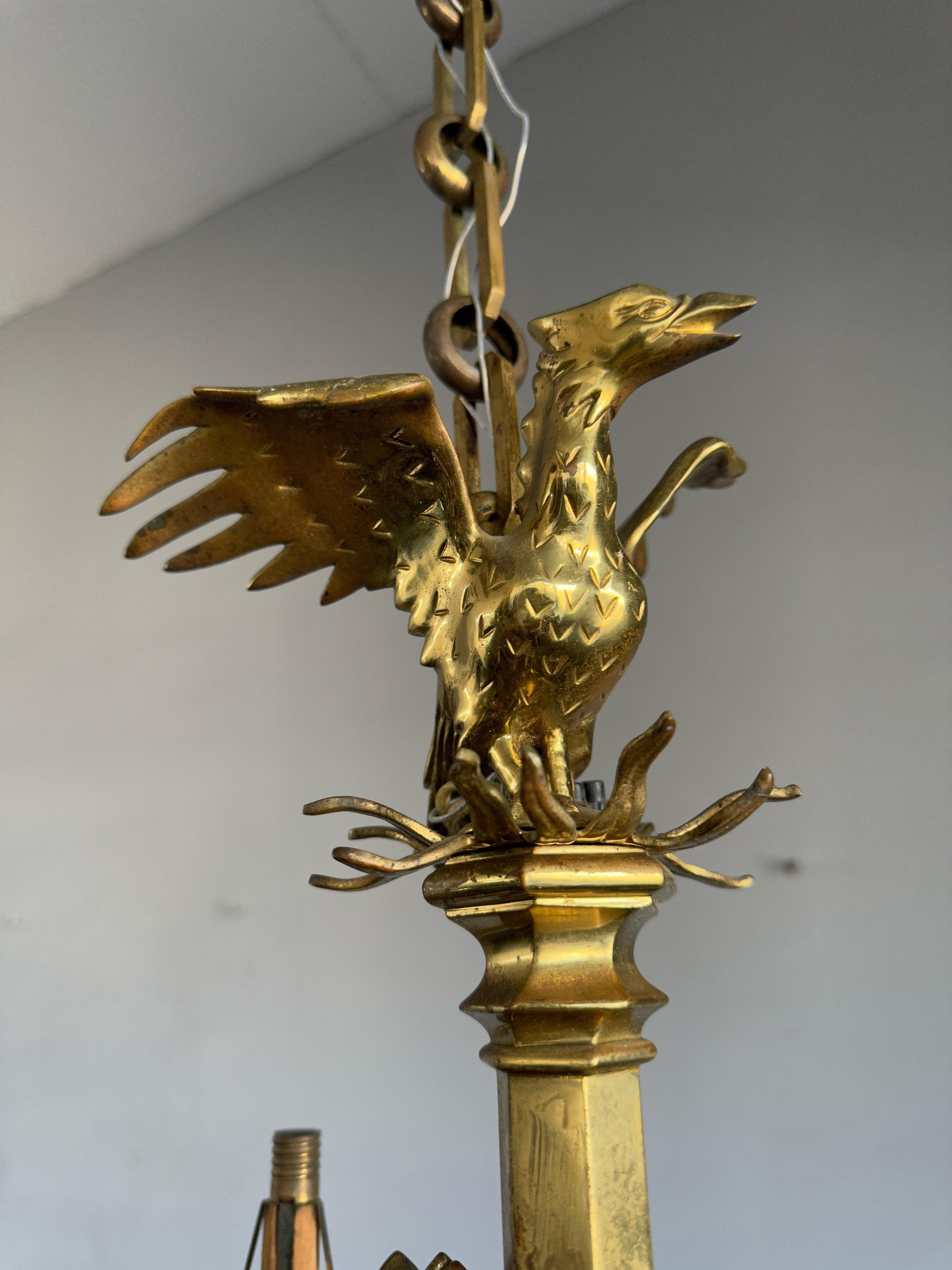 French Awesome Antique Bronze Gothic Art Nine Light Chandelier with Phoenix Sculpture For Sale