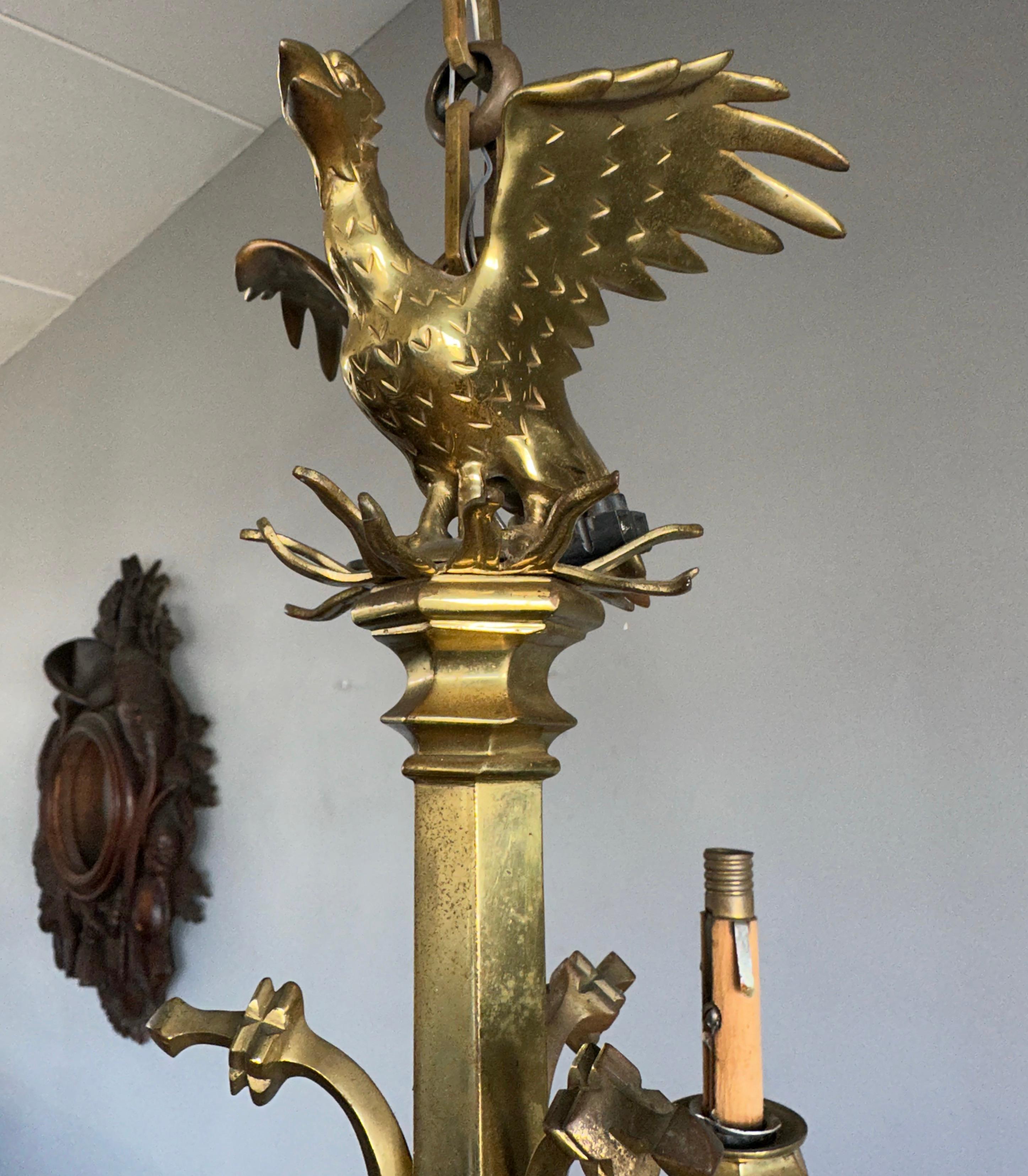 Awesome Antique Bronze Gothic Art Nine Light Chandelier with Phoenix Sculpture In Good Condition For Sale In Lisse, NL