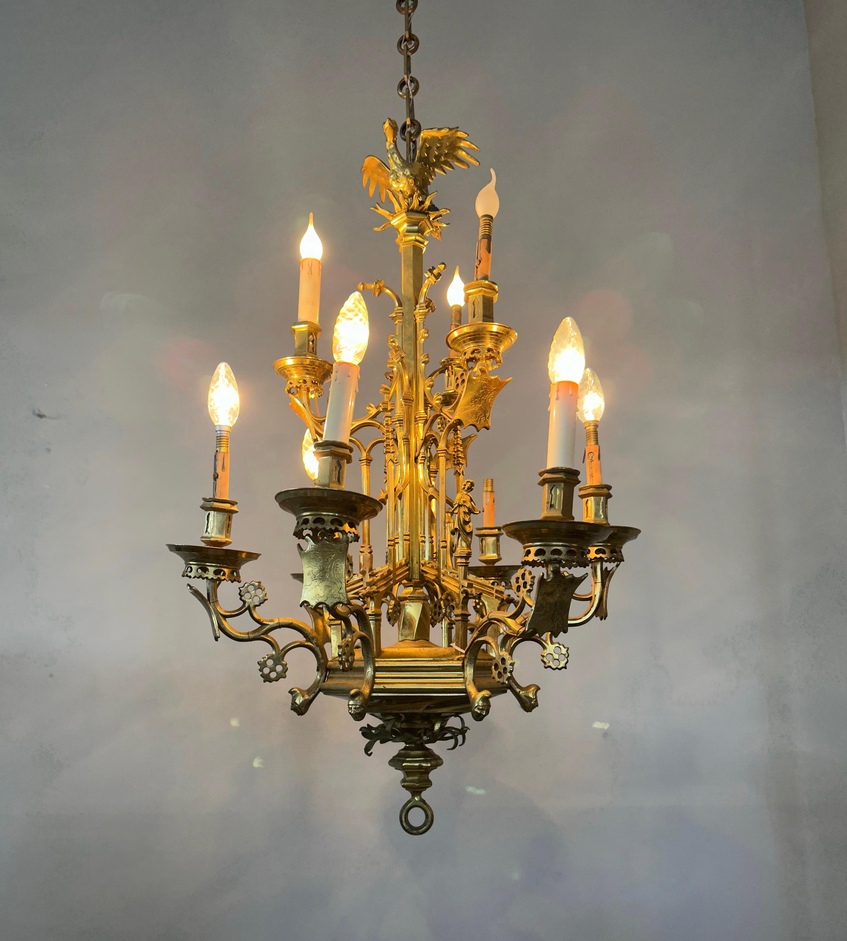 Awesome Antique Bronze Gothic Revival 9 Light Chandelier with Phoenix Sculpture For Sale 1