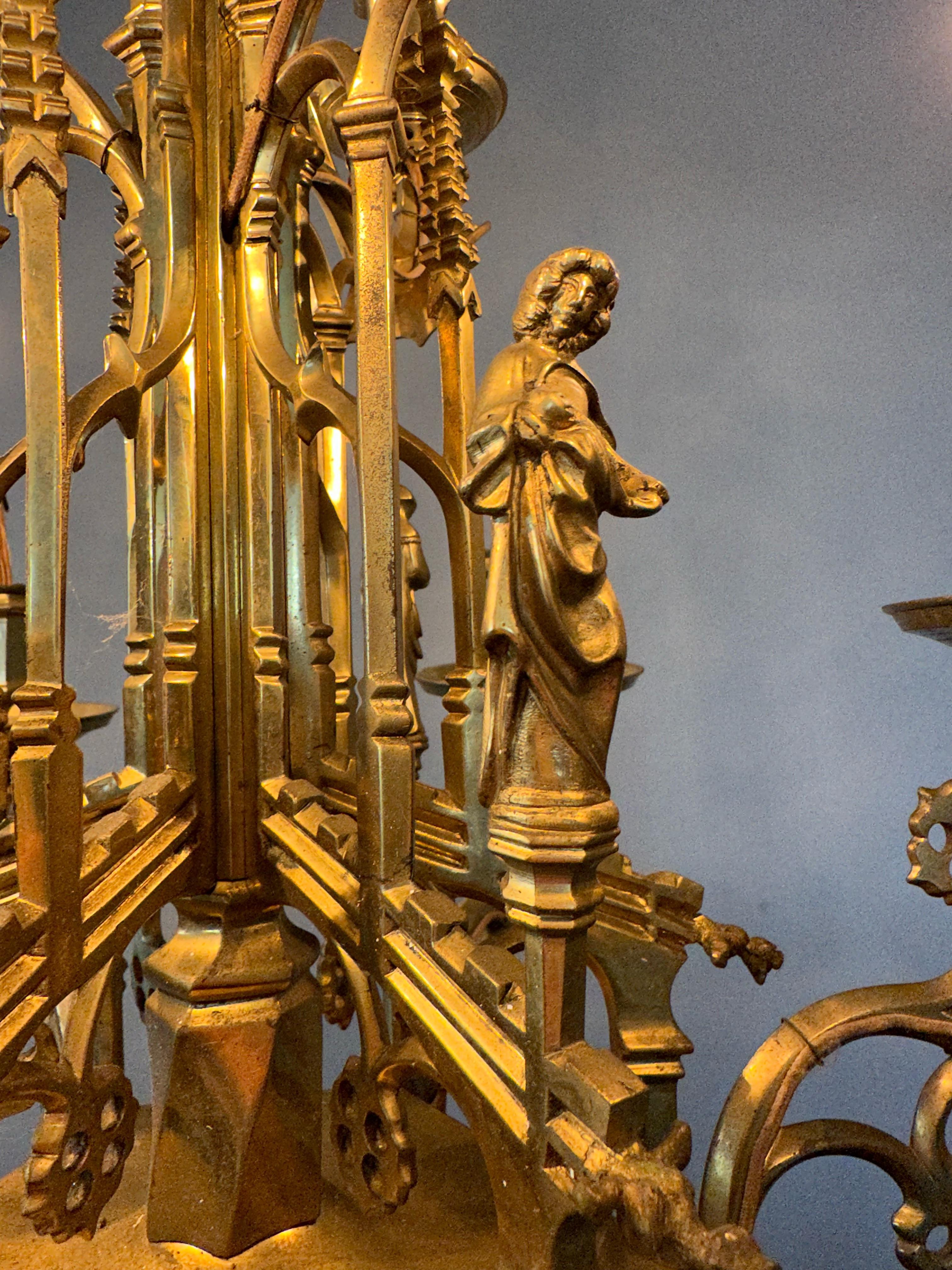 Awesome Antique Bronze Gothic Art Nine Light Chandelier with Phoenix Sculpture For Sale 2