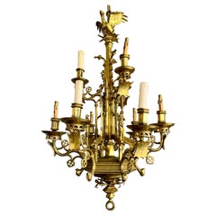 Stunning Antique Bronze Gothic Revival 9-Light Chandelier with Phoenix on Top