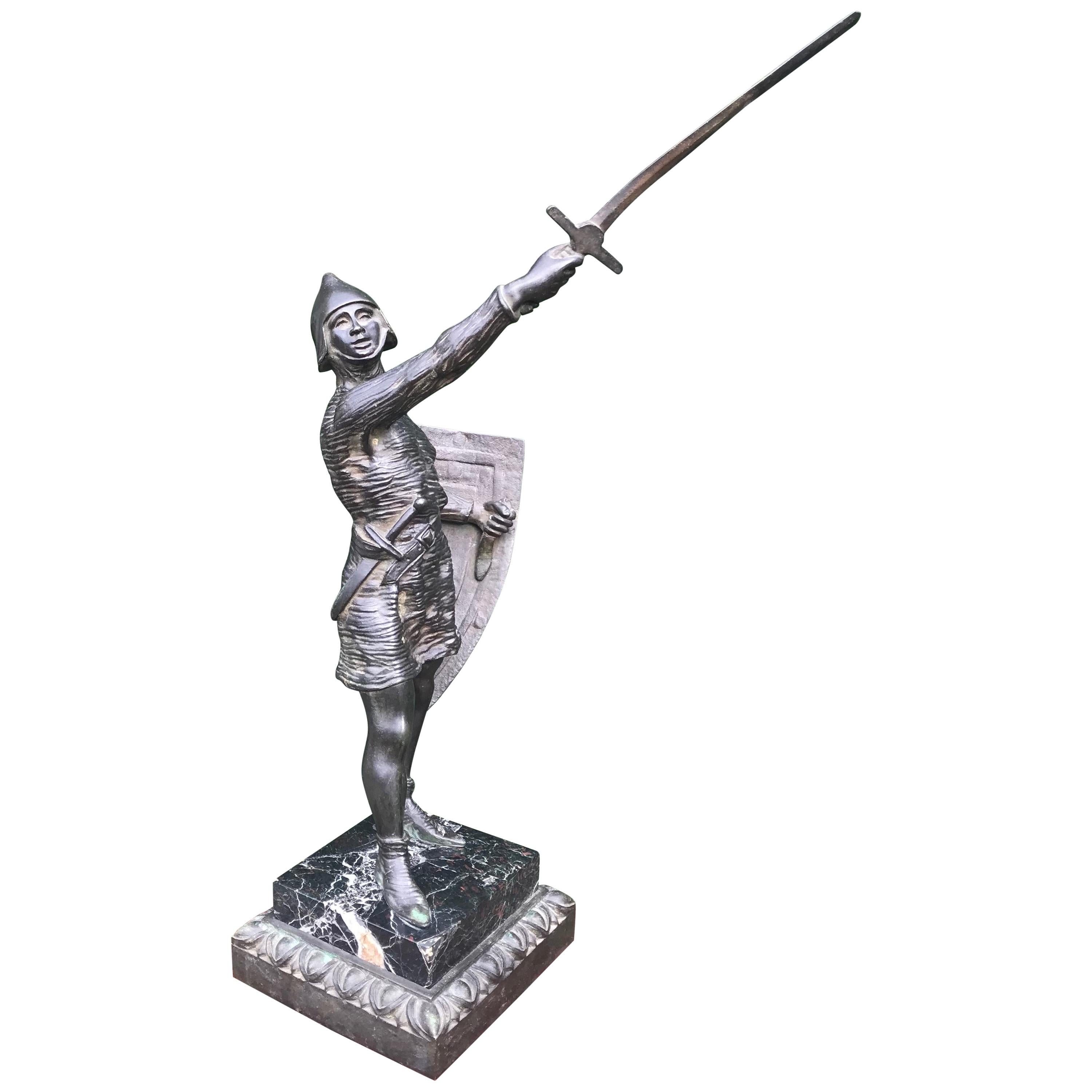 Stunning Antique Bronze Sculpture of a Sword Holding Joan of Arc in Chainmail