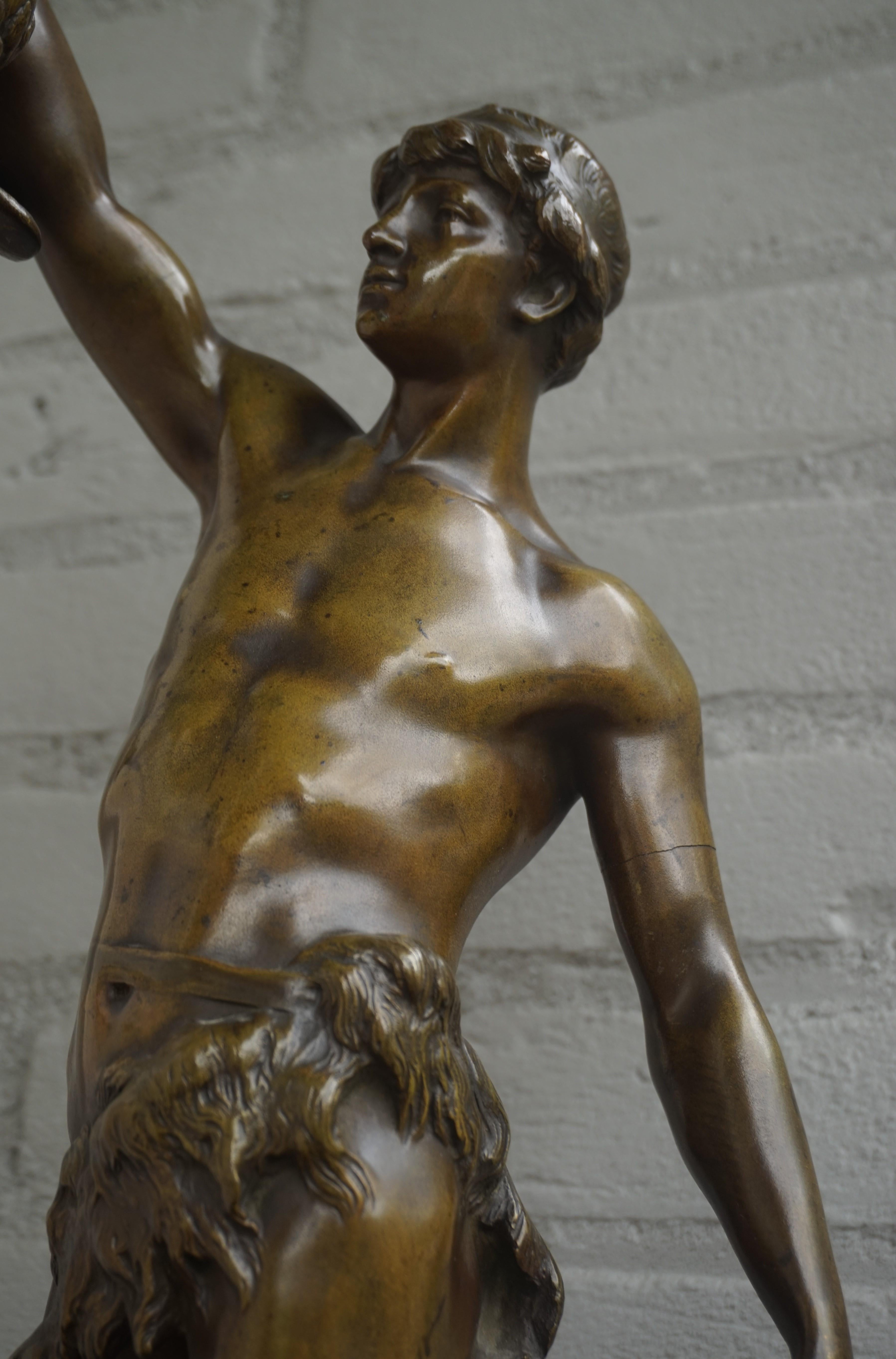 Stunning Antique Bronze Sculpture of Young Male Hunter & Prey by Georges Coudray In Excellent Condition In Lisse, NL