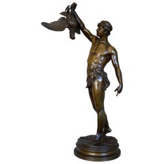Stunning Antique Bronze Sculpture of Young Male Hunter & Prey by Georges Coudray