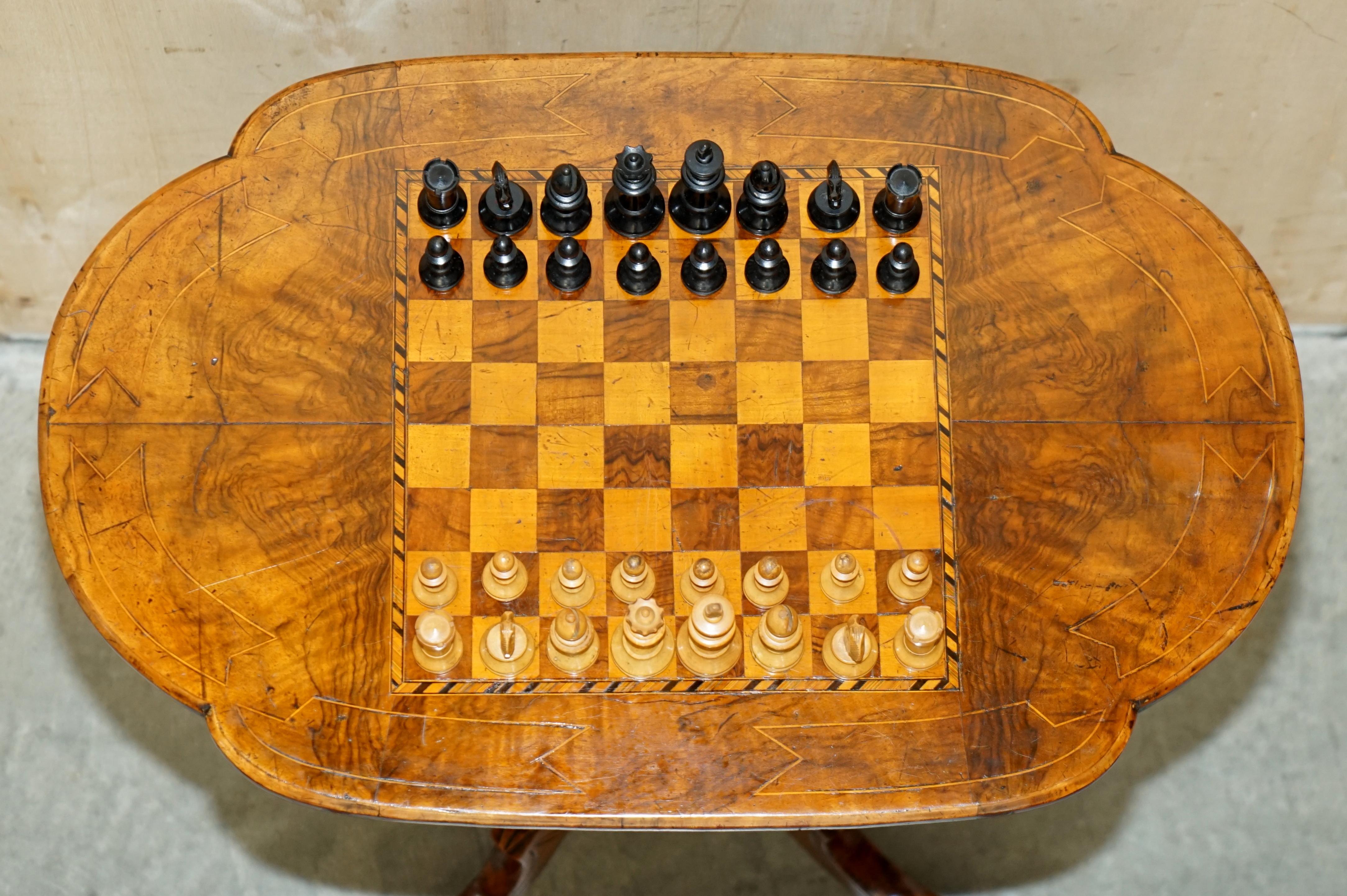Stunning Antique Burr Walnut Chess Board Table with Staunton Chess Pieces Set For Sale 3