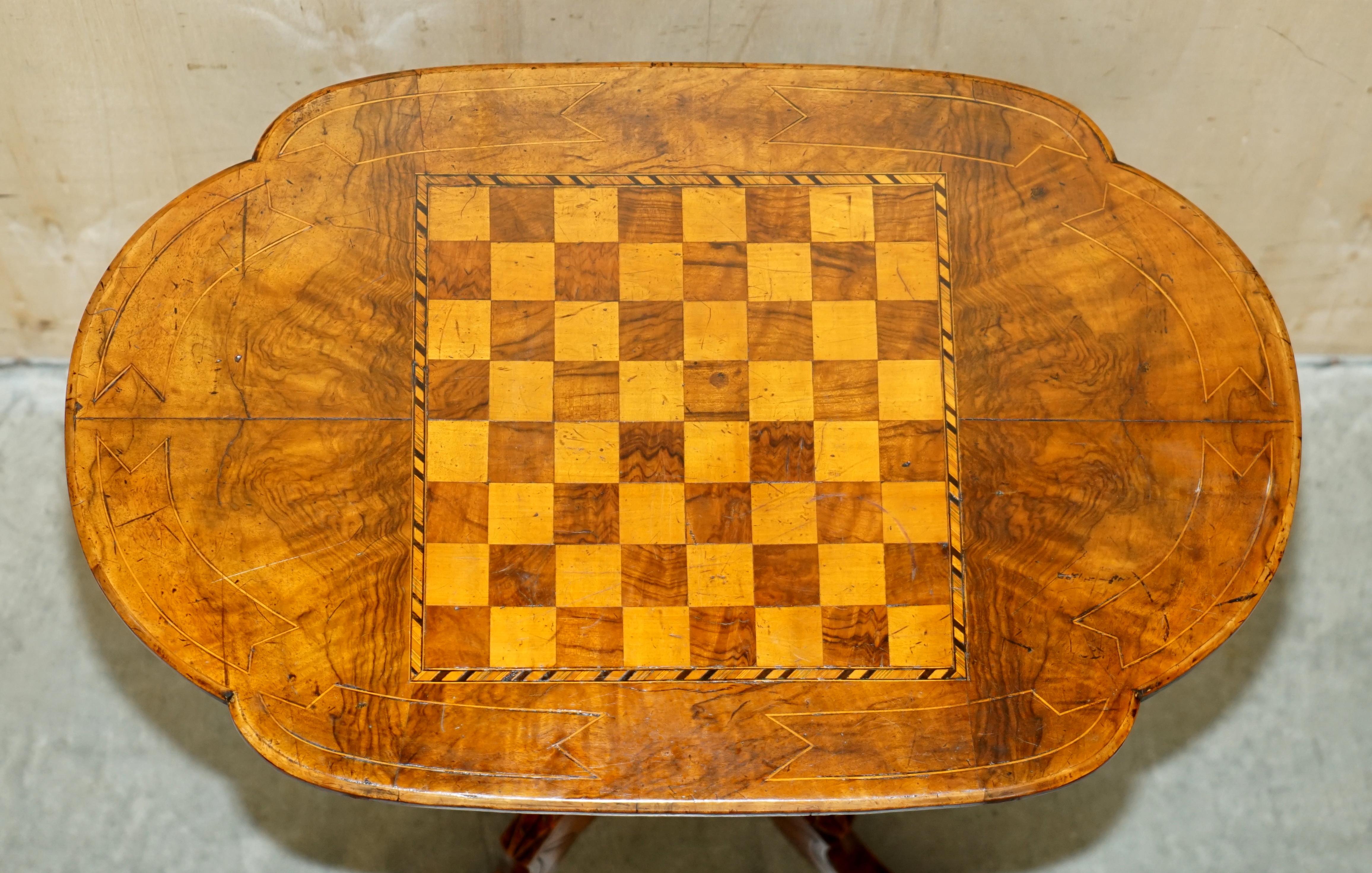 Stunning Antique Burr Walnut Chess Board Table with Staunton Chess Pieces Set For Sale 4