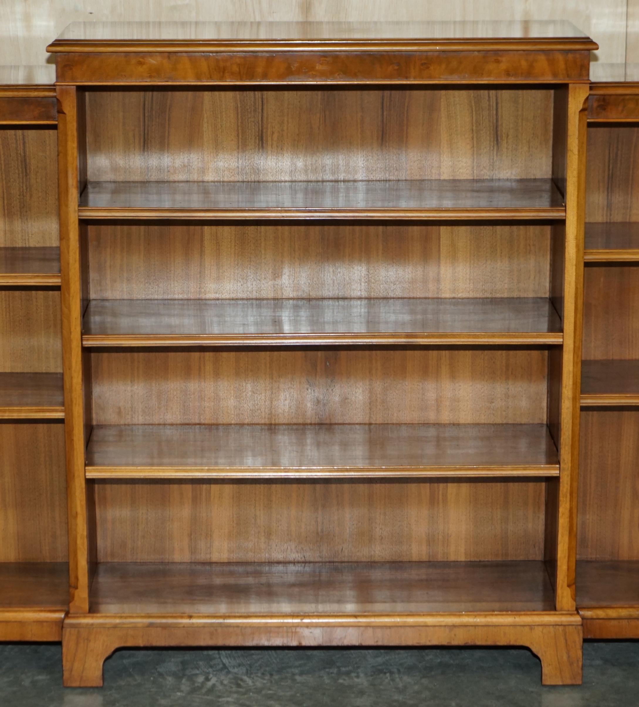 English Stunning Antique Burr Walnut Dwarf Open Library Breakfront Bookcase Sideboard