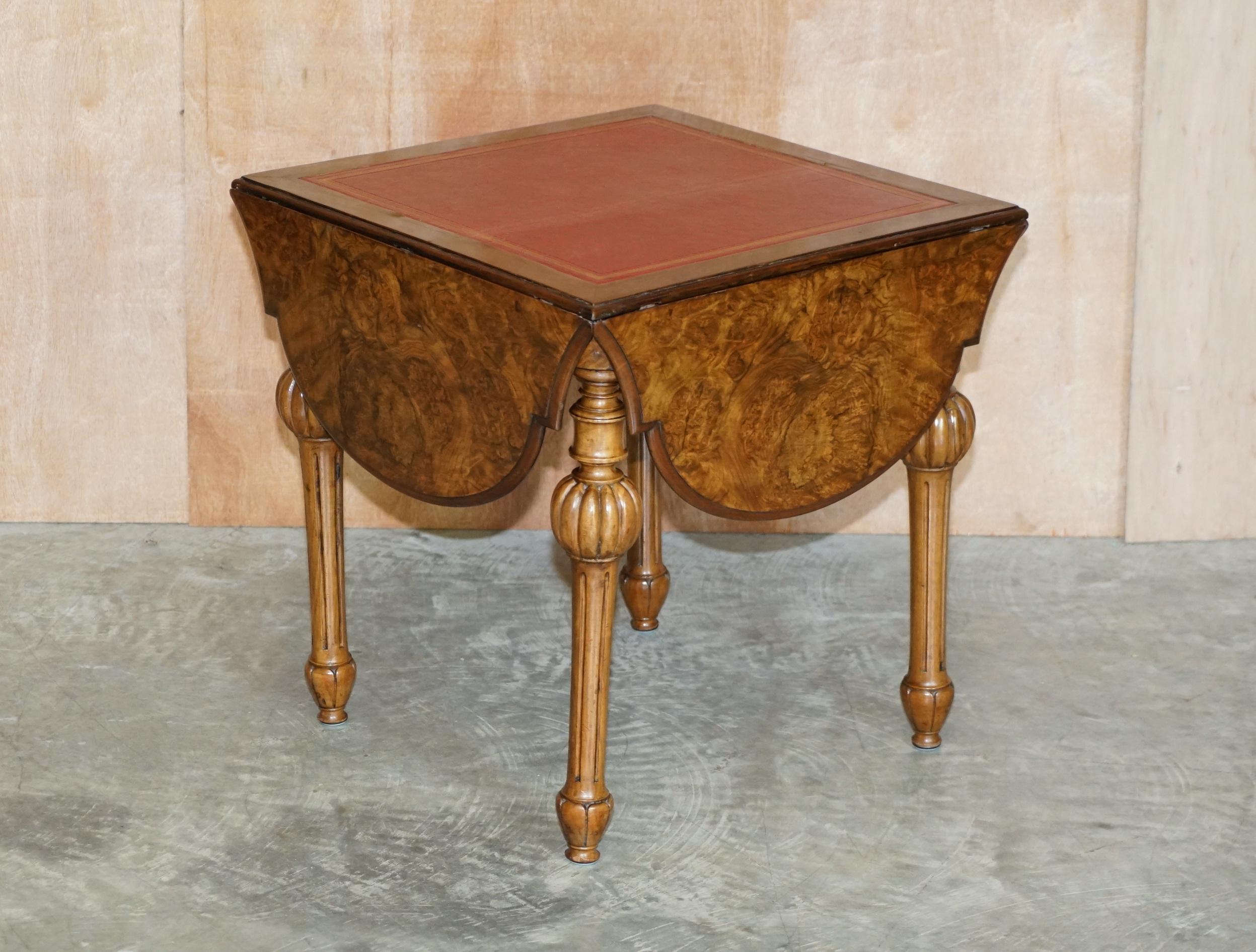 We are delighted to offer for sale this lovely circa 1880 Burr Walnut Envelope games card table with ornately carved legs

A very good-looking and well made piece, made in the Regency style however it is late Victorian. The legs are beautifully