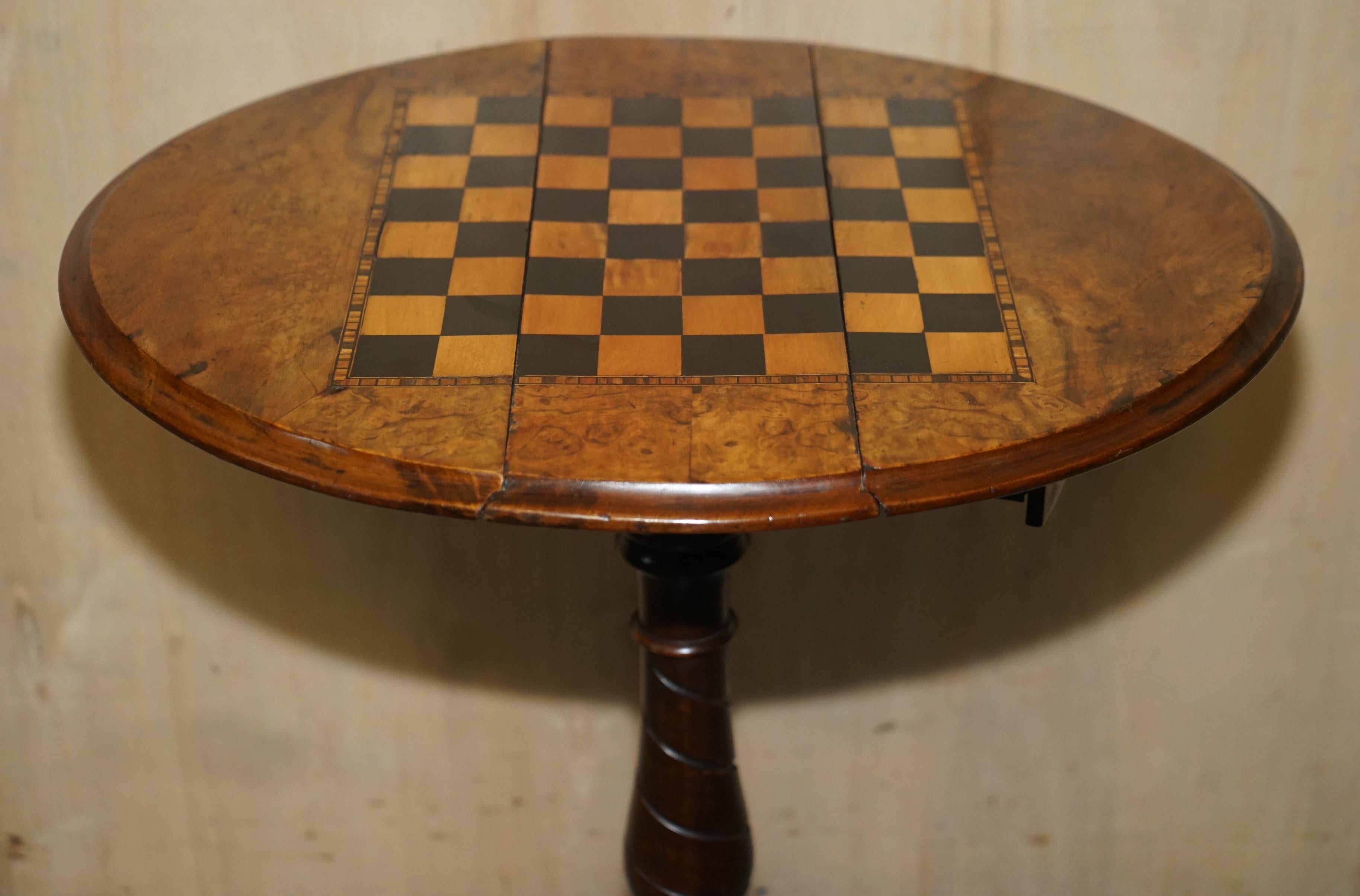 Stunning Antique Burr Walnut Folding Chess Board Table Staunton Chess Pieces Set 1