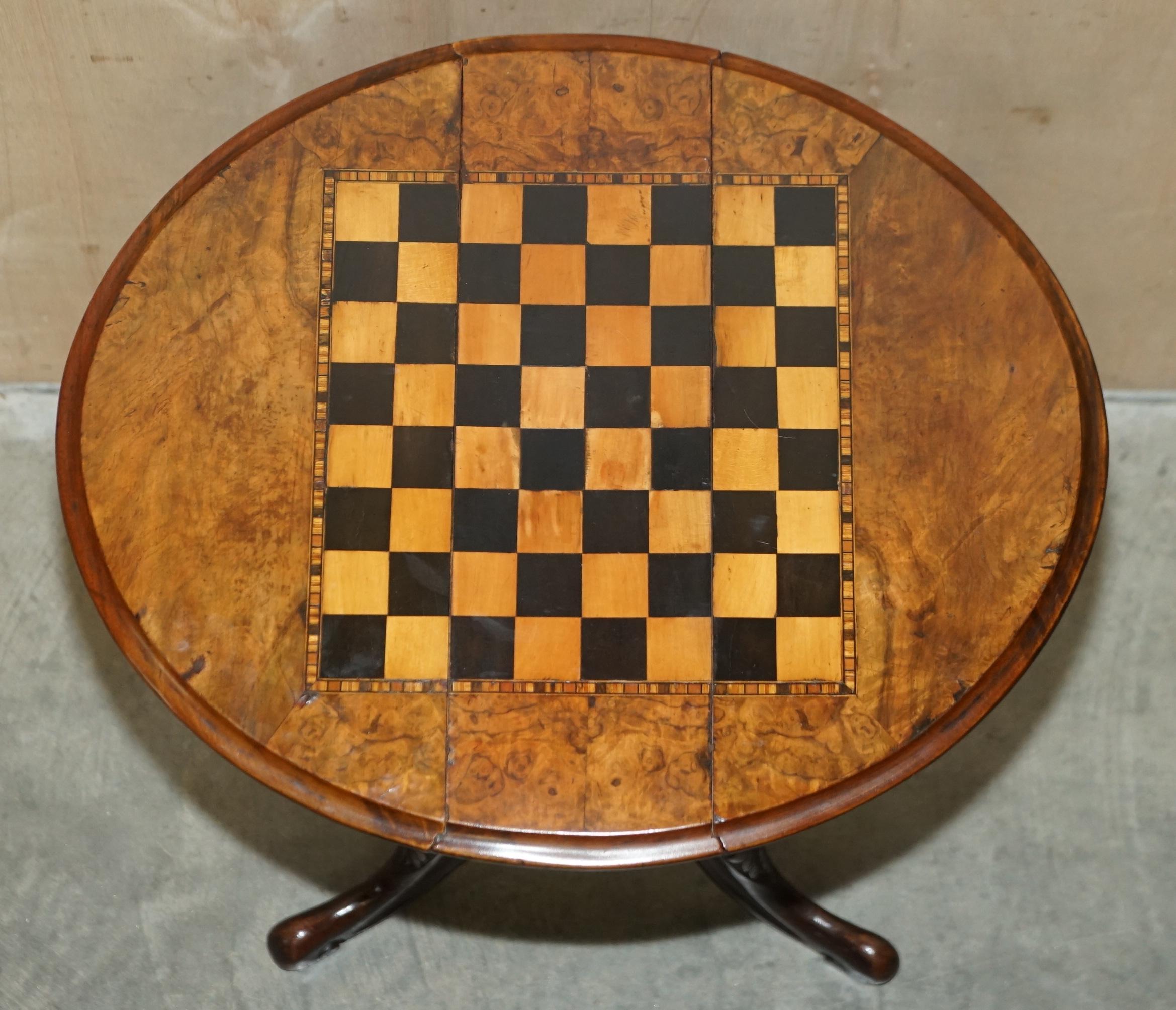 Stunning Antique Burr Walnut Folding Chess Board Table Staunton Chess Pieces Set 7