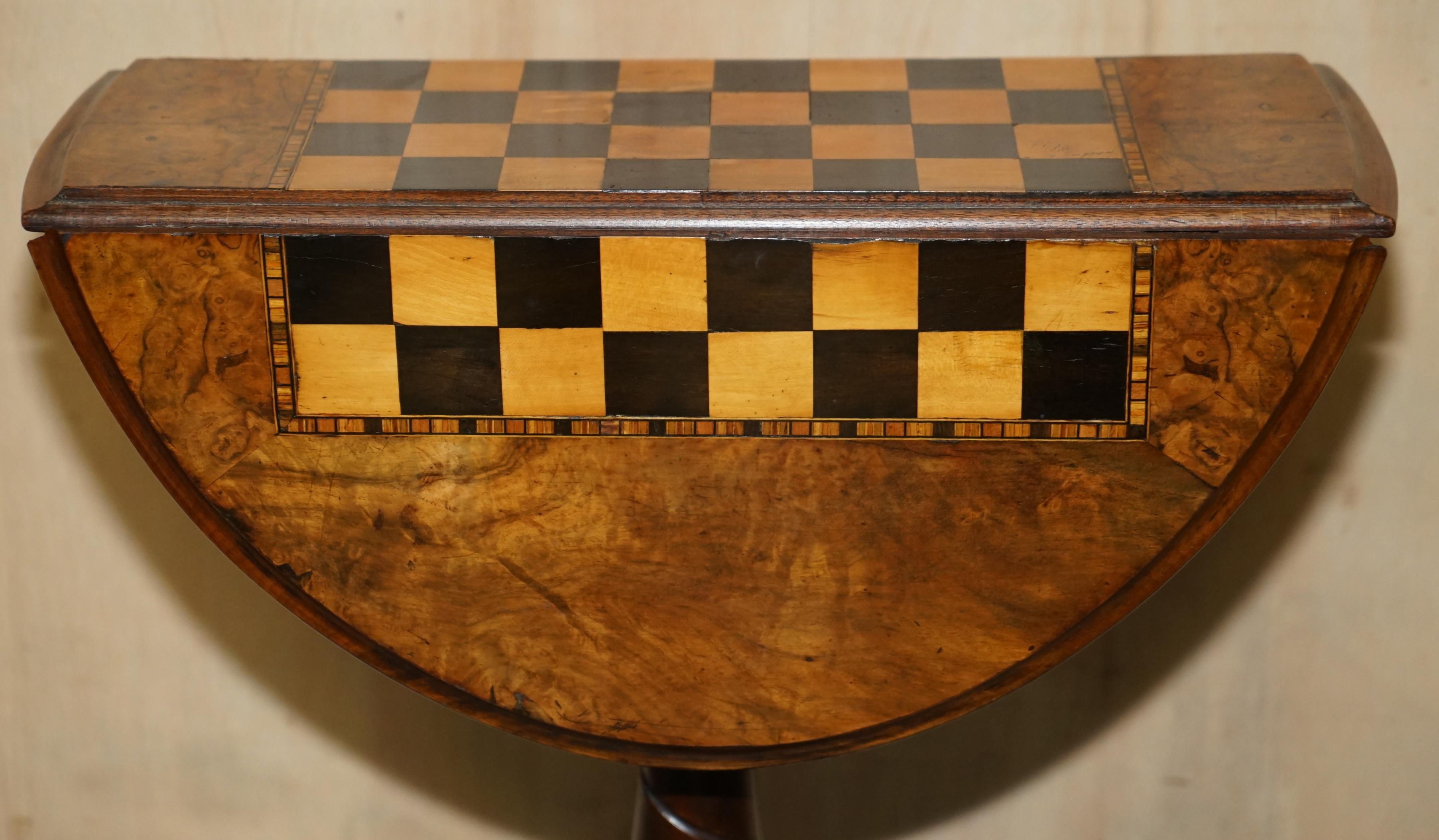 Stunning Antique Burr Walnut Folding Chess Board Table Staunton Chess Pieces Set 9