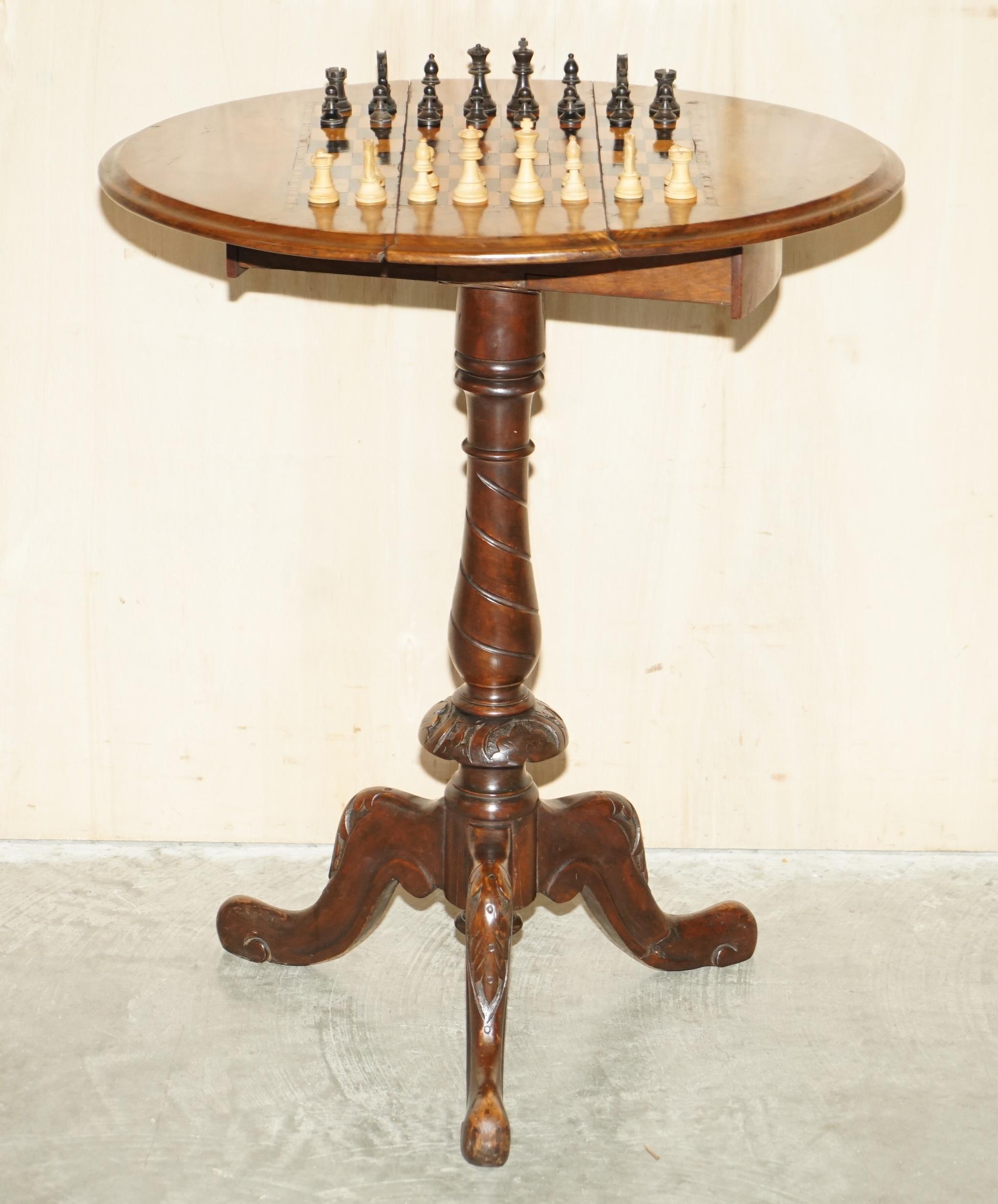 We are delighted to offer for sale this lovely circa 1910 hand made in England Burr Walnut folding chess table complete with Staunton chess set.

A very good looking well-made and functional piece of furniture, extremely decorative, it folds for