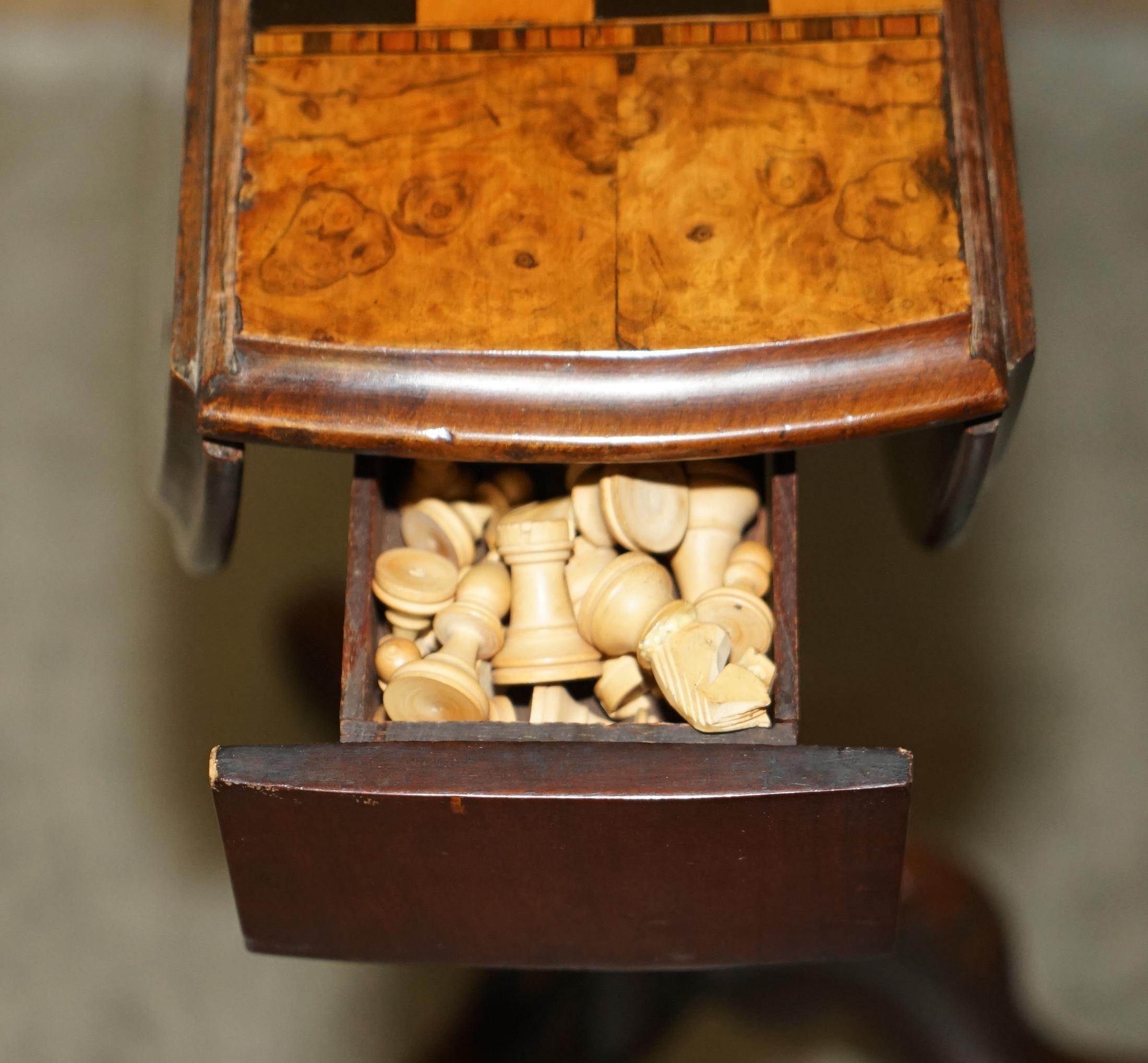 Stunning Antique Burr Walnut Folding Chess Board Table Staunton Chess Pieces Set 11