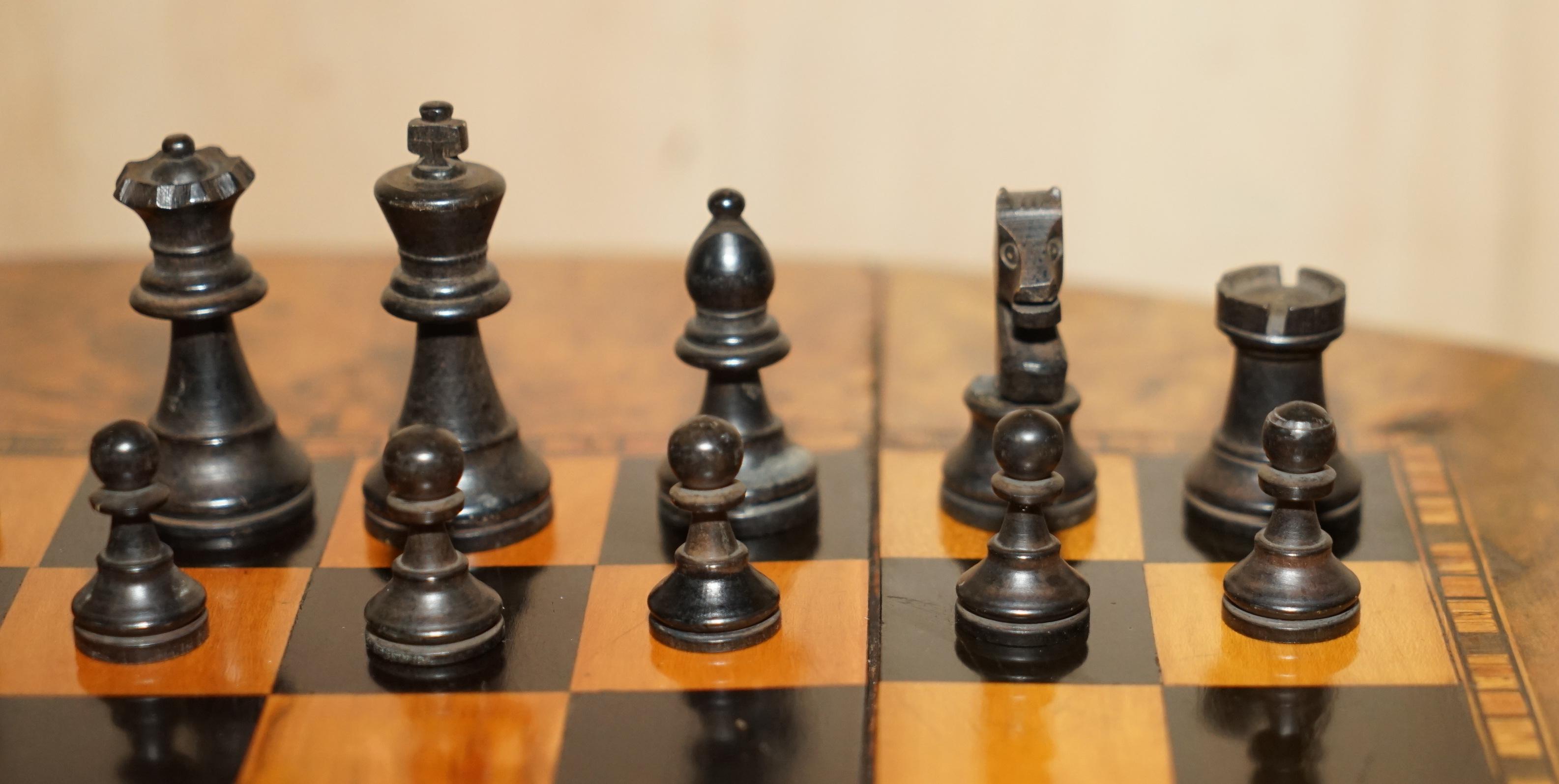 Edwardian Stunning Antique Burr Walnut Folding Chess Board Table Staunton Chess Pieces Set