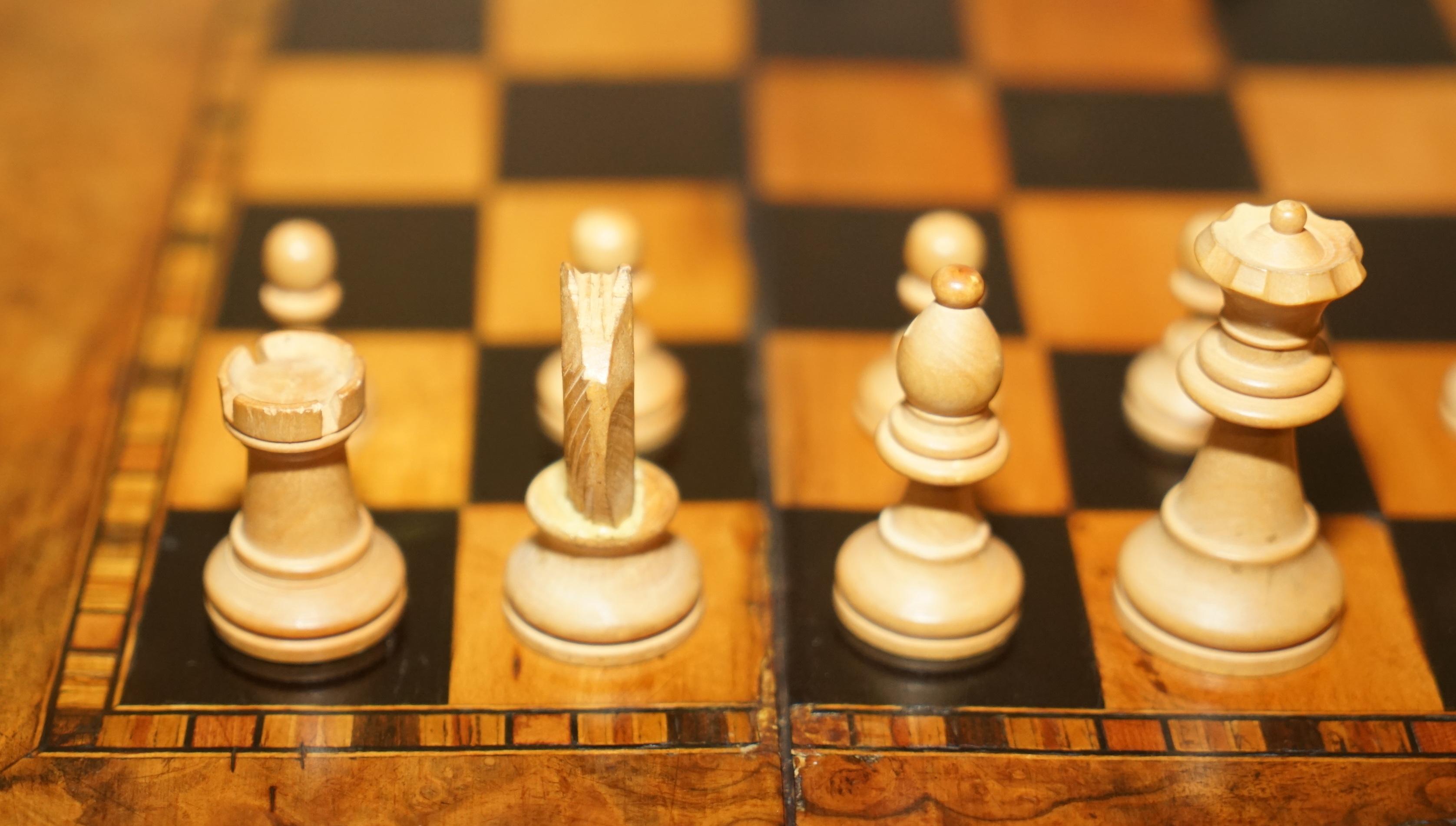 English Stunning Antique Burr Walnut Folding Chess Board Table Staunton Chess Pieces Set